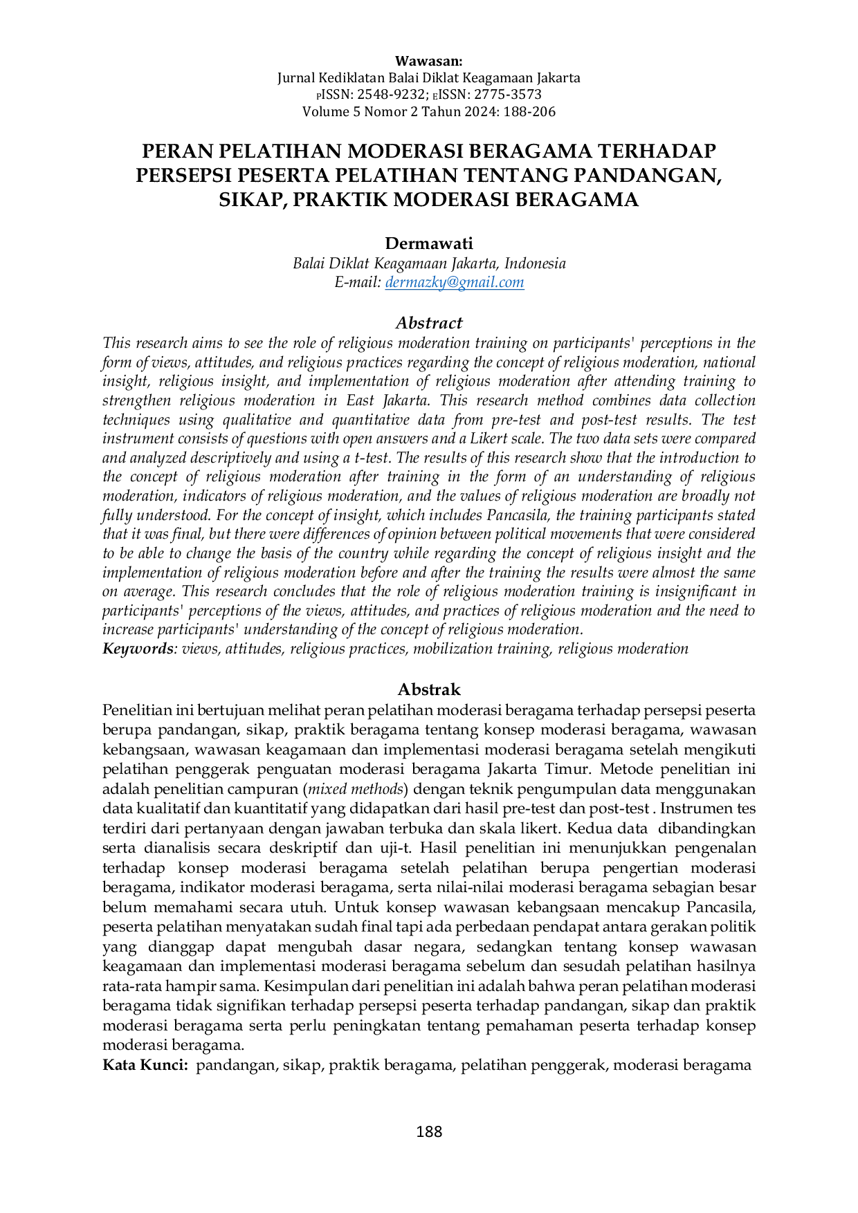 JURIS Peran Pelatihan Moderasi Beragama Terhadap Persepsi Peserta Pelatihan Tentang Pandangan Sikap Praktik Moderasi Beragama