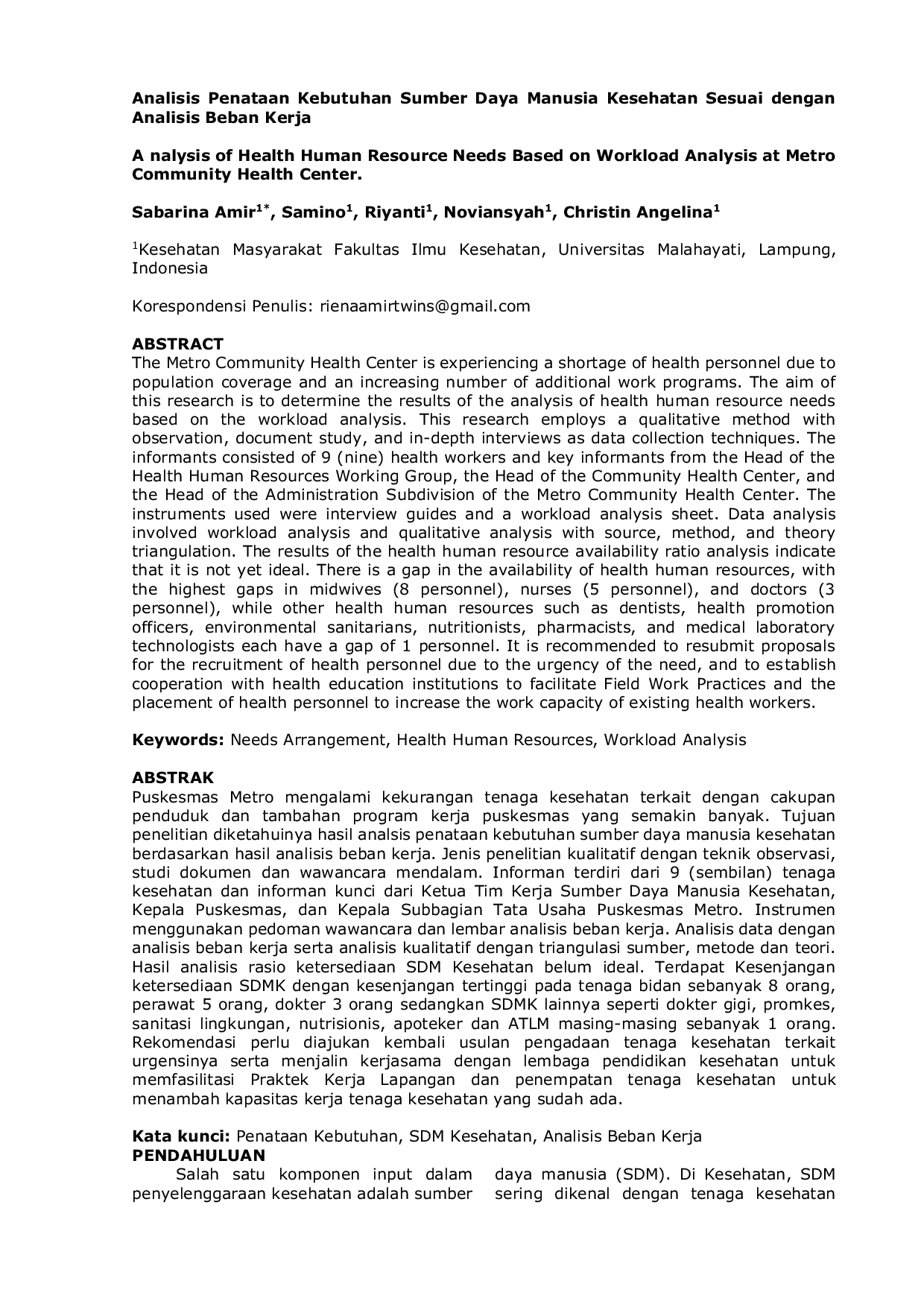 JURIS Analisis Penataan Kebutuhan Sumber Daya Manusia Kesehatan Sesuai dengan Analisis Beban Kerja