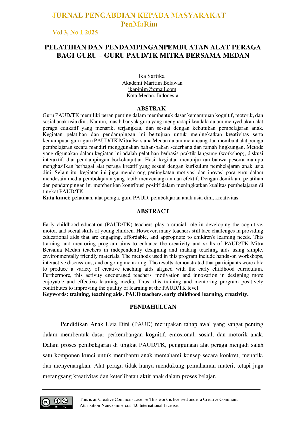 JURIS Pelatihan Dan Pendampingan Pembuatan Alat Peraga Bagi Guru Guru Paud Tk Mitra Bersama Medan