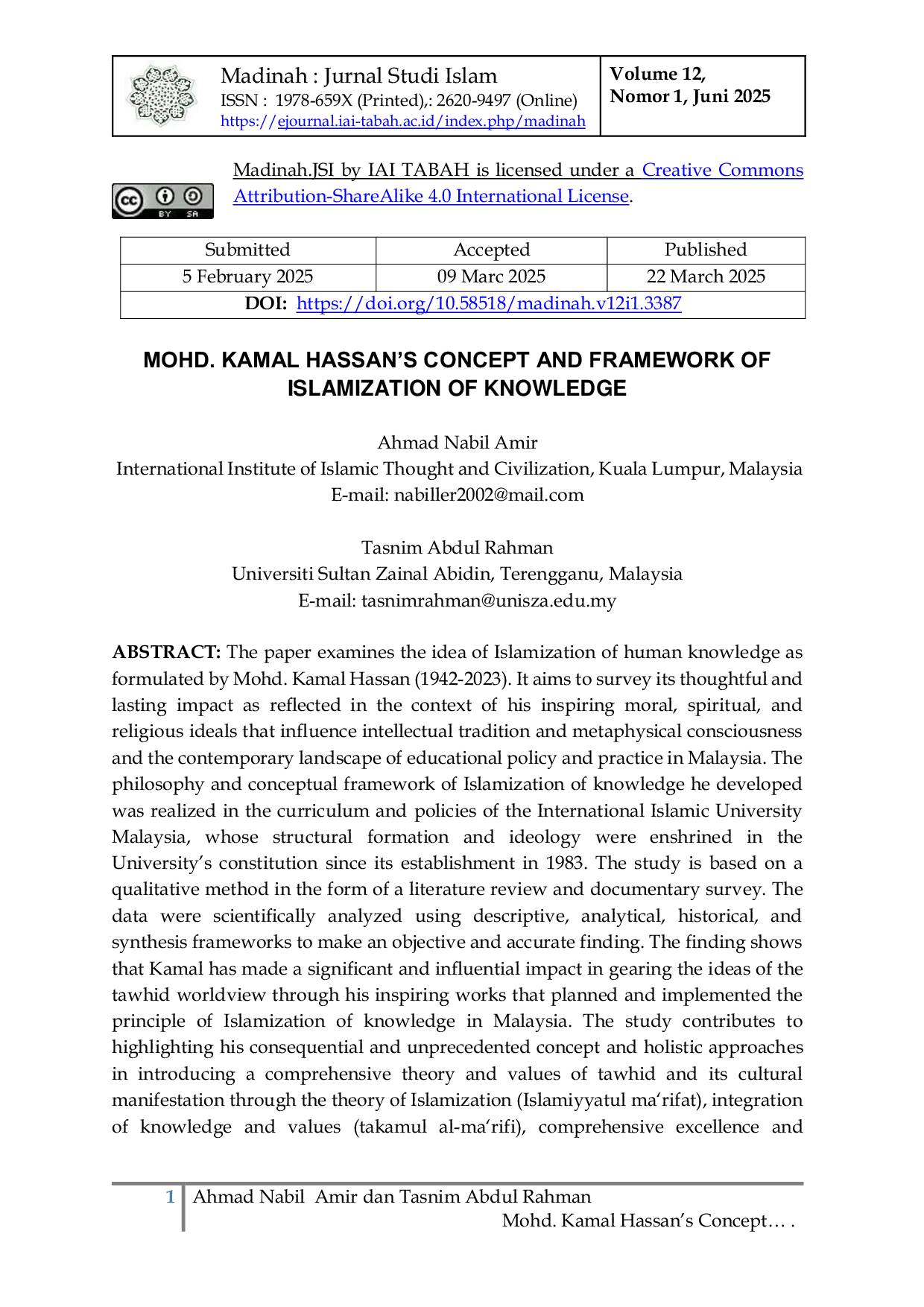 JURIS Mohd Kamal Hassan s Concept and Framework of Islamization of Knowledge