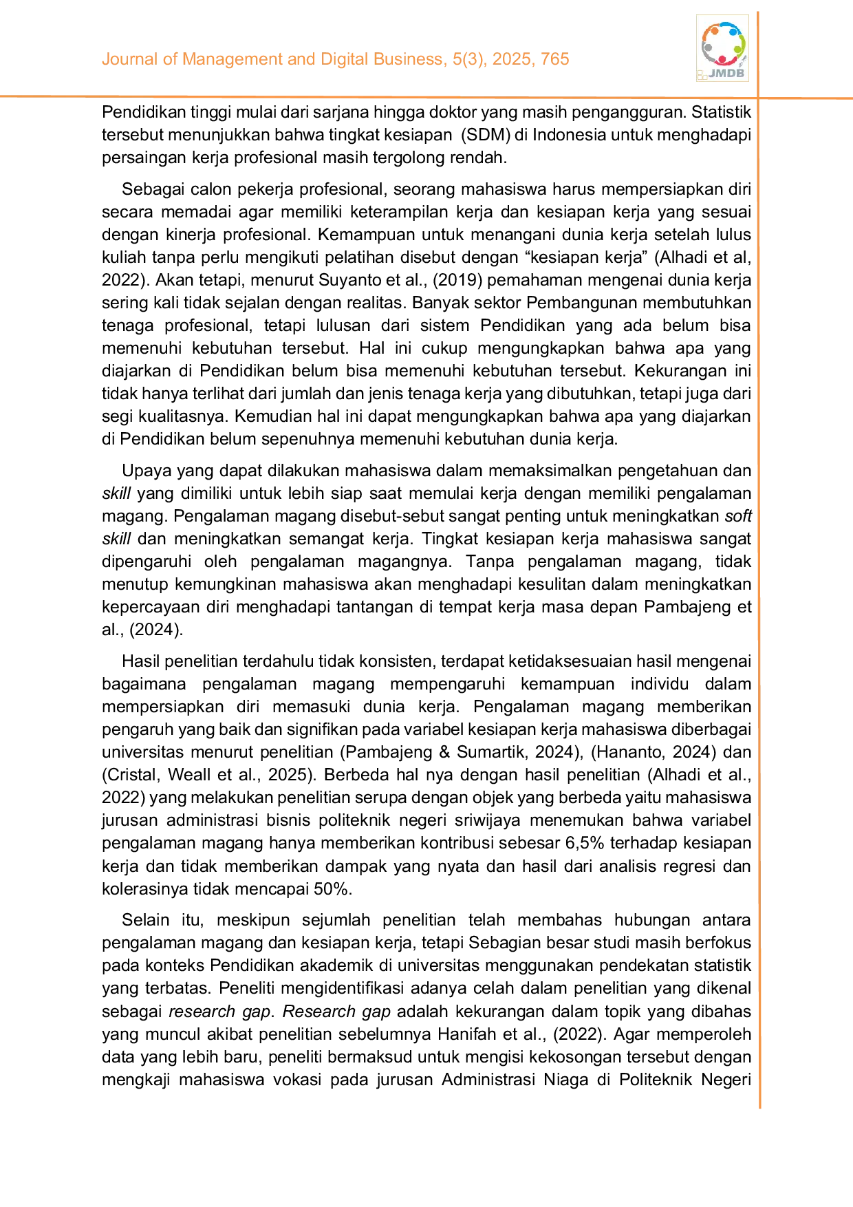 JURIS Keterkaitan pengalaman magang dengan kesiapan kerja mahasiswa tingkat akhir Studi pada jurusan administrasi niaga Politeknik Negeri Bandung