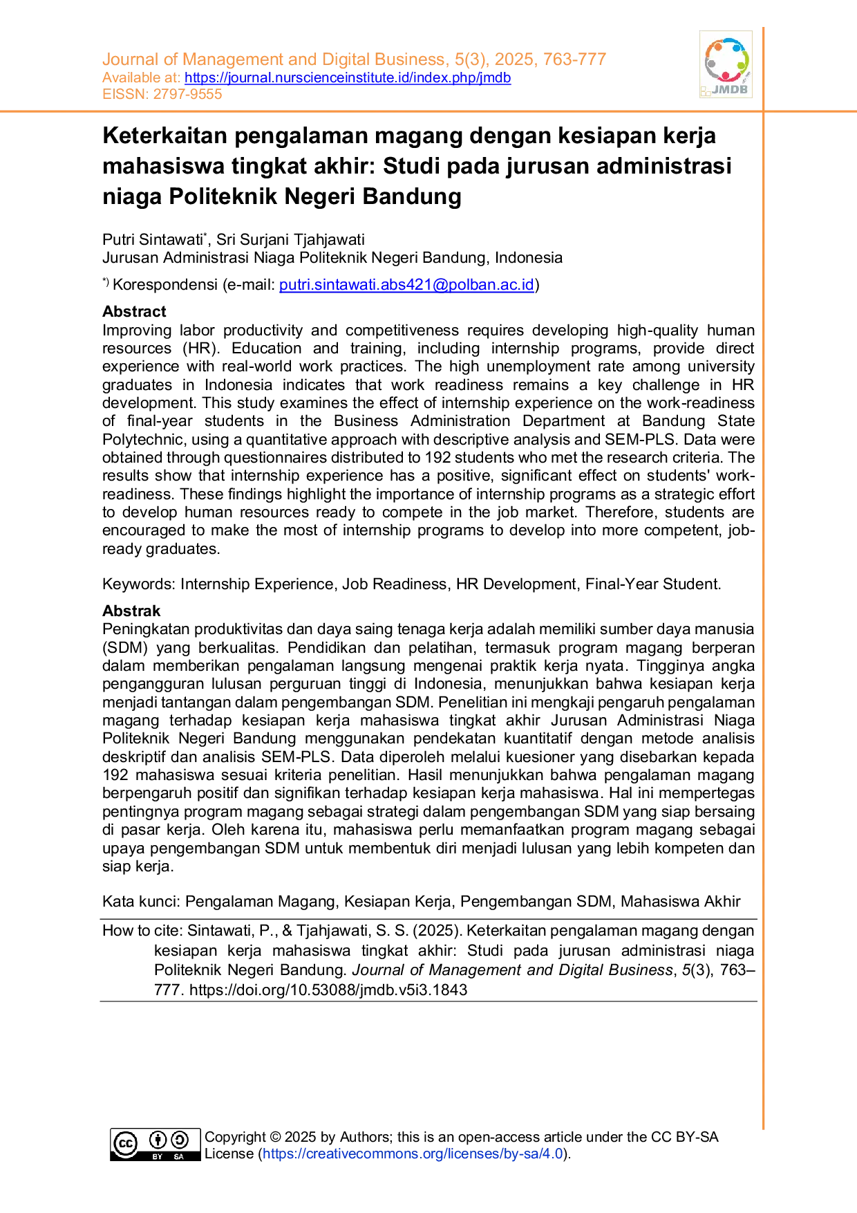 JURIS Keterkaitan pengalaman magang dengan kesiapan kerja mahasiswa tingkat akhir Studi pada jurusan administrasi niaga Politeknik Negeri Bandung