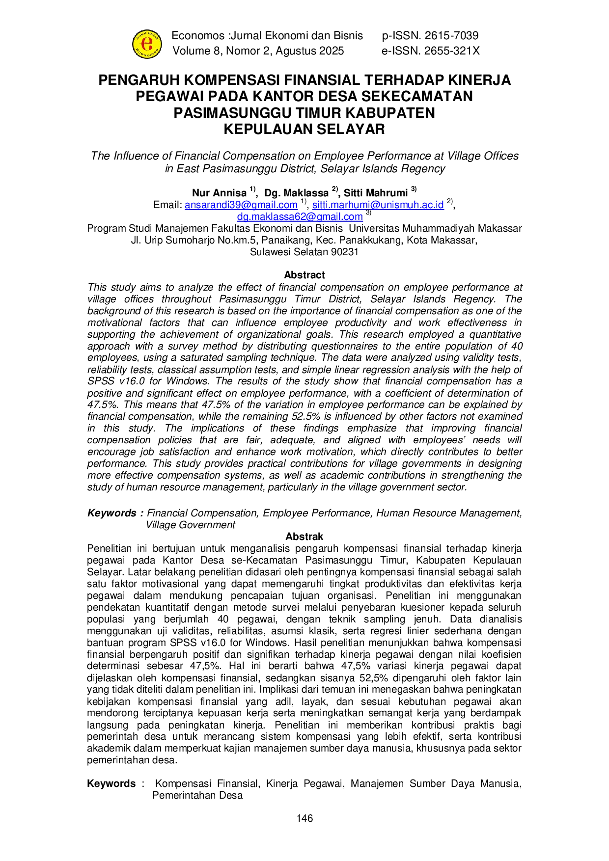 JURIS The Influence of Financial Compensation on Employee Performance at Village Offices in East Pasimasunggu District Selayar Islands Regency