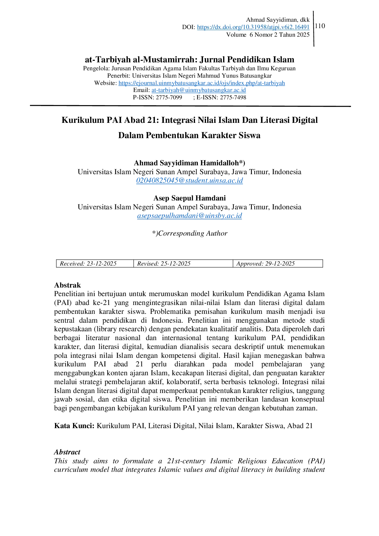 JURIS Kurikulum PAI Abad 21 Integrasi Nilai Islam dan Literasi Digital dalam Pembentukan Karakter Siswa