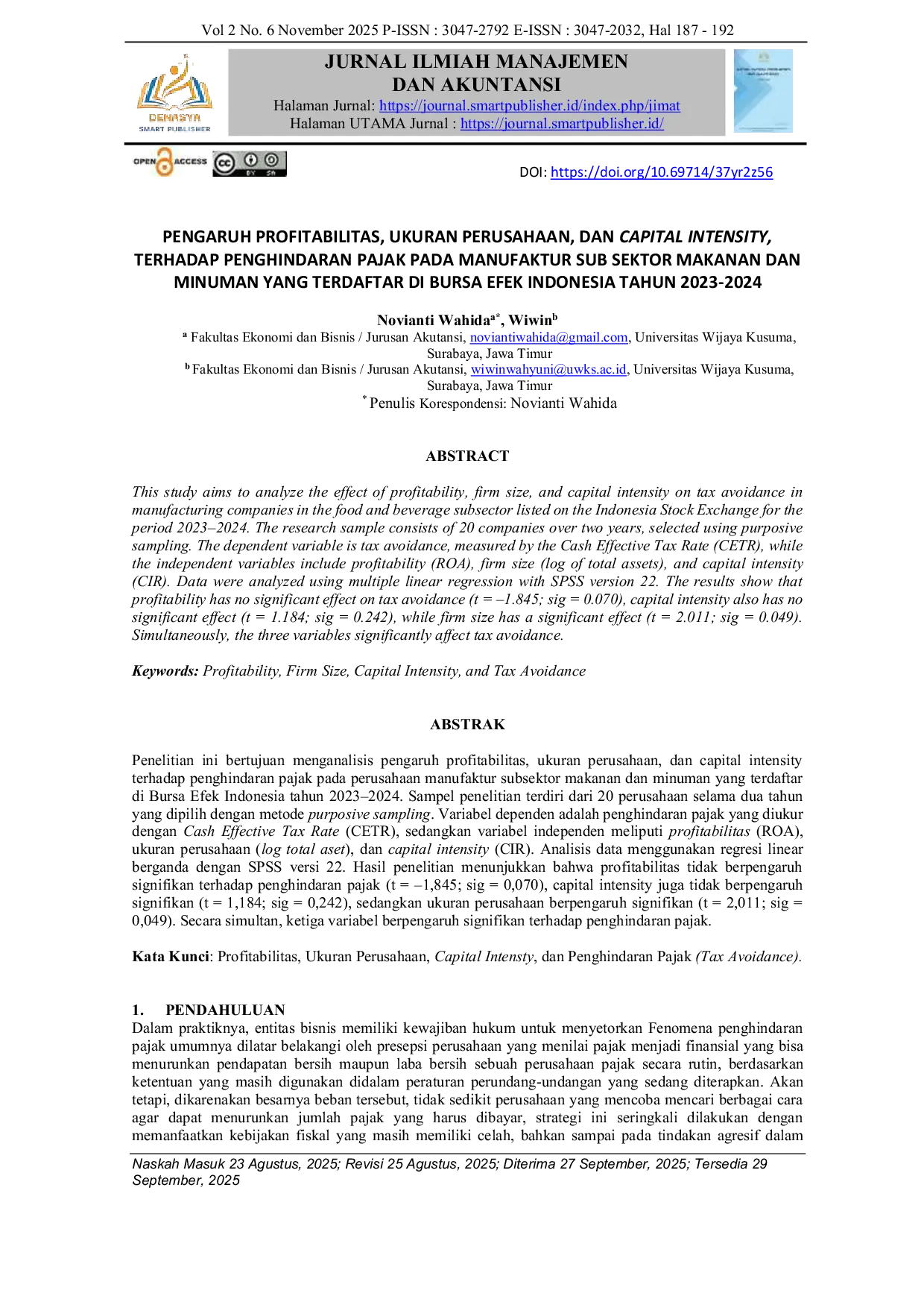 JURIS Pengaruh Profitabilitas Ukuran Perusahaan dan Capital Intensity Terhadap Penghindaran Pajak Pada Manufaktur Sub Sektor Makanan dan Minuman Yang Terdaftar di Bursa Efek Indonesia Tahun 2023 2024