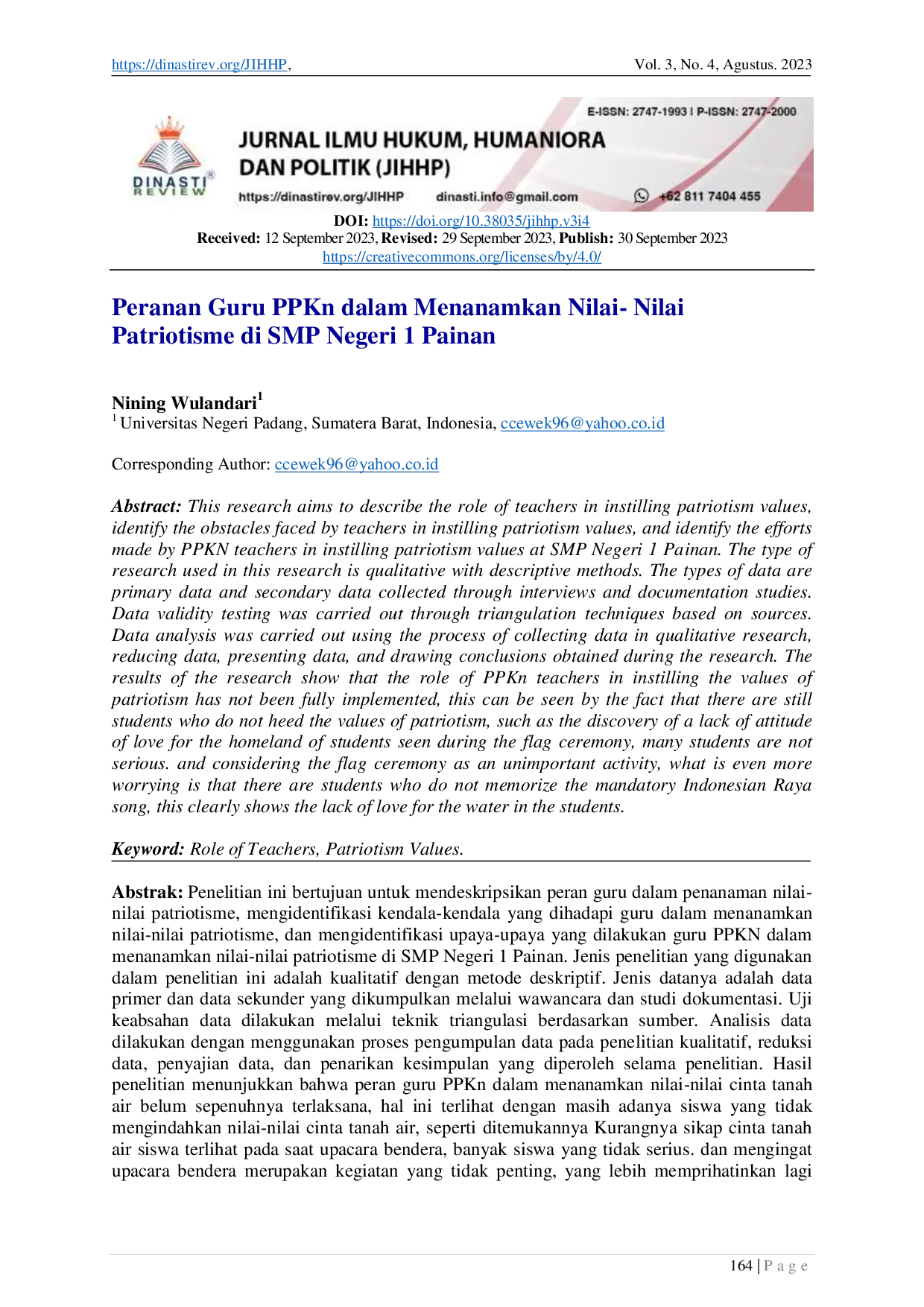 JURIS Peranan Guru PPKn dalam Menanamkan Nilai Nilai Patriotisme di SMP Negeri 1 Painan