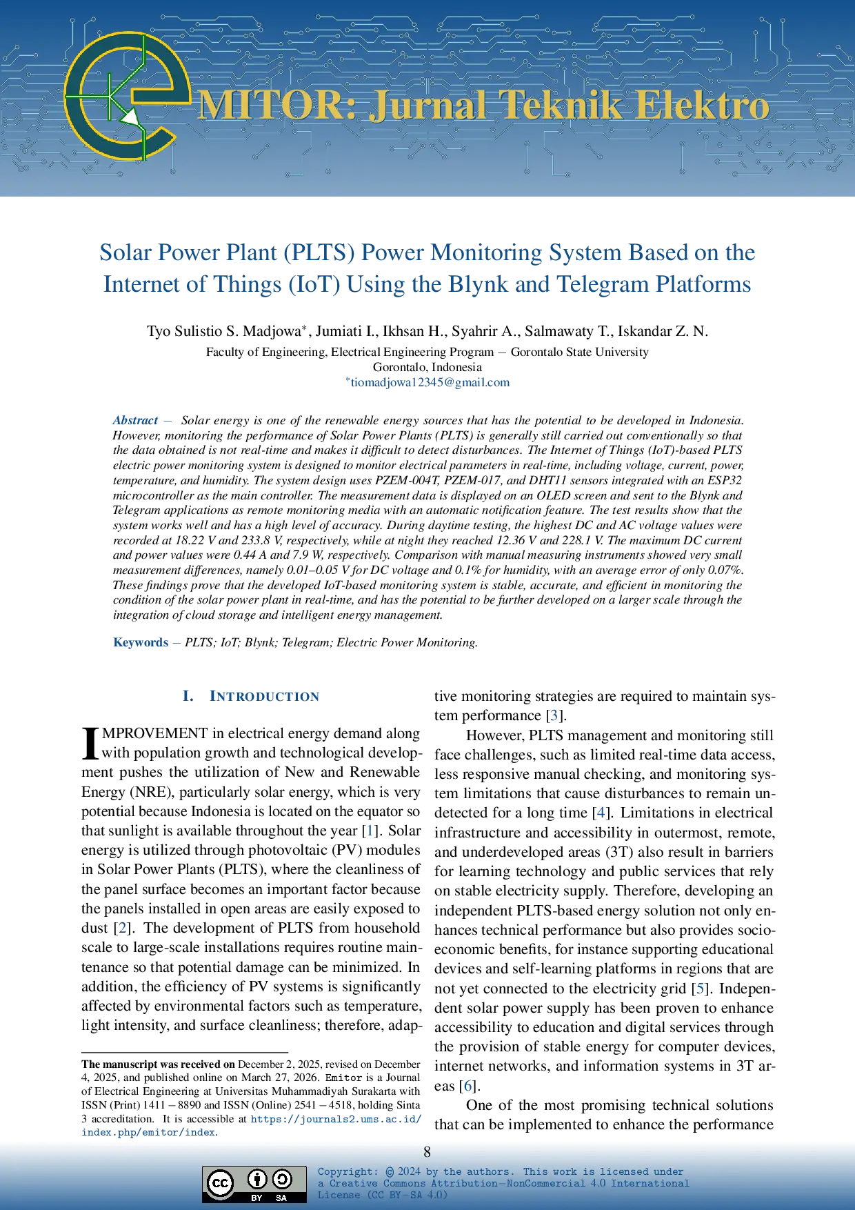 JURIS Solar Power Plant PLTS Power Monitoring System Based on the Internet of Things IoT Using the Blynk and Telegram Platforms