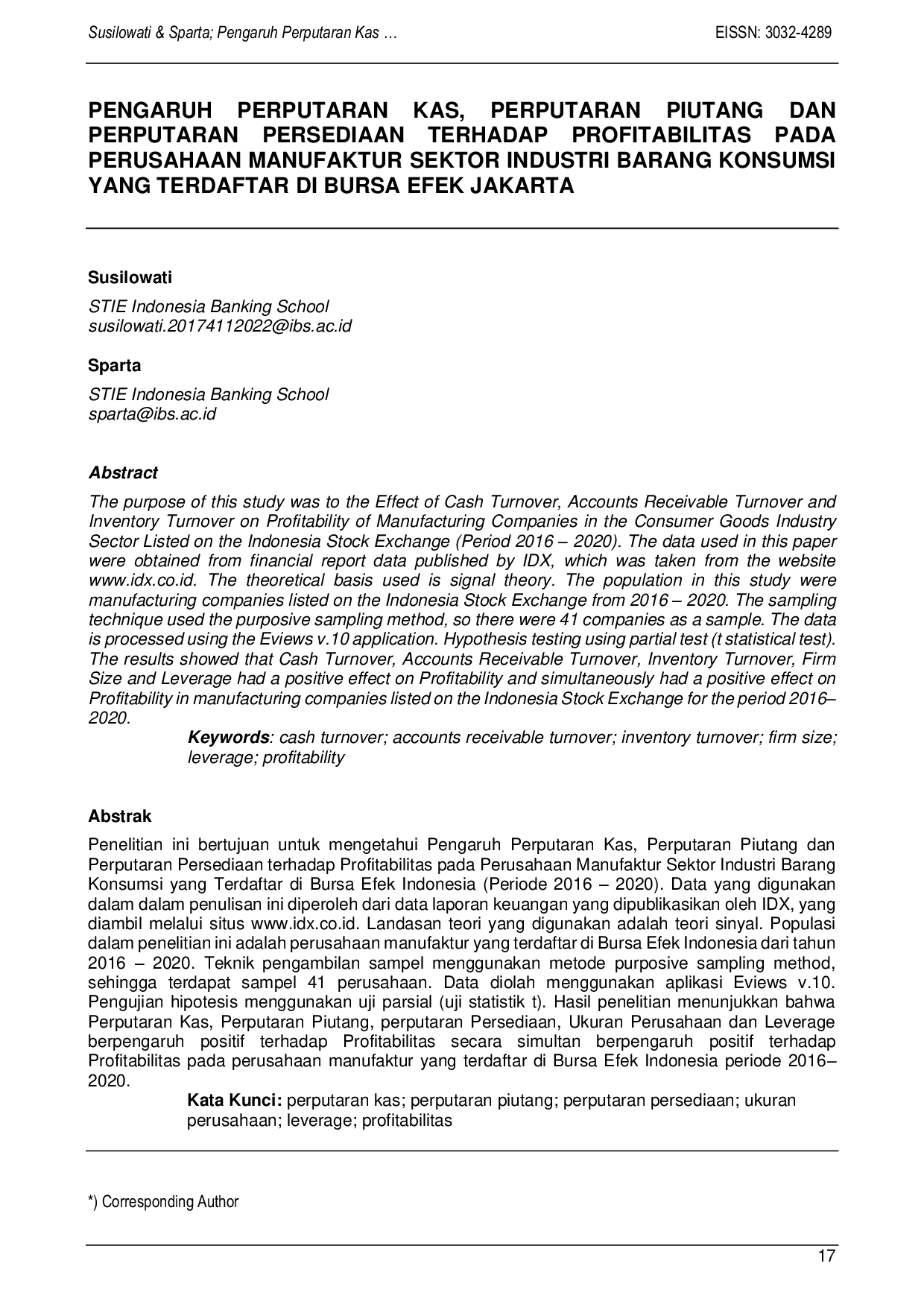 JURIS Pengaruh Perputaran Kas Perputaran Piutang Dan Perputaran Persediaan Terhadap Profitabilitas Pada Perusahaan Manufaktur Sektor Industri Barang Konsumsi Yang Terdaftar Di Bursa Efek Jakarta