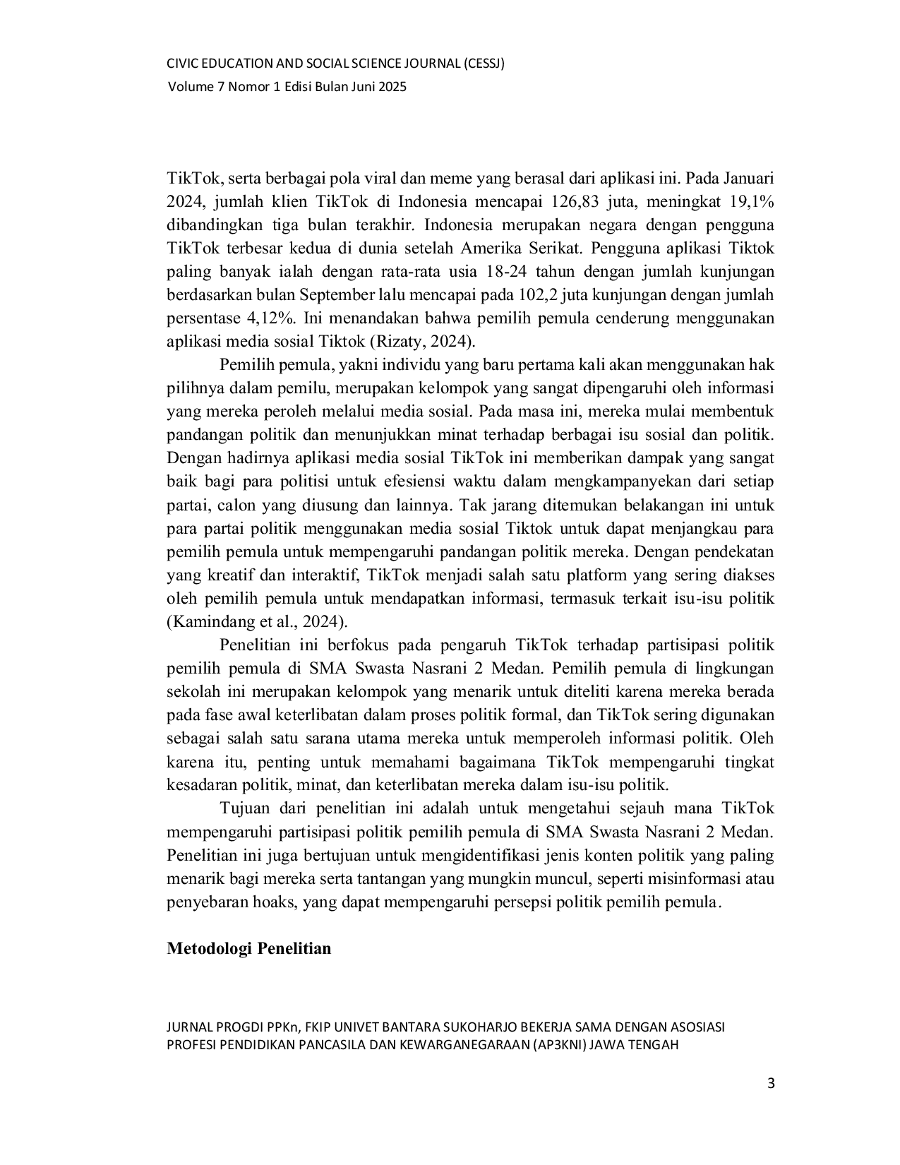 JURIS Platform Media Sosial TikTok dalam Mempengaruhi Partisipasi Politik pada Pemilih Pemula di SMA Swasta Nasrani 2 Medan