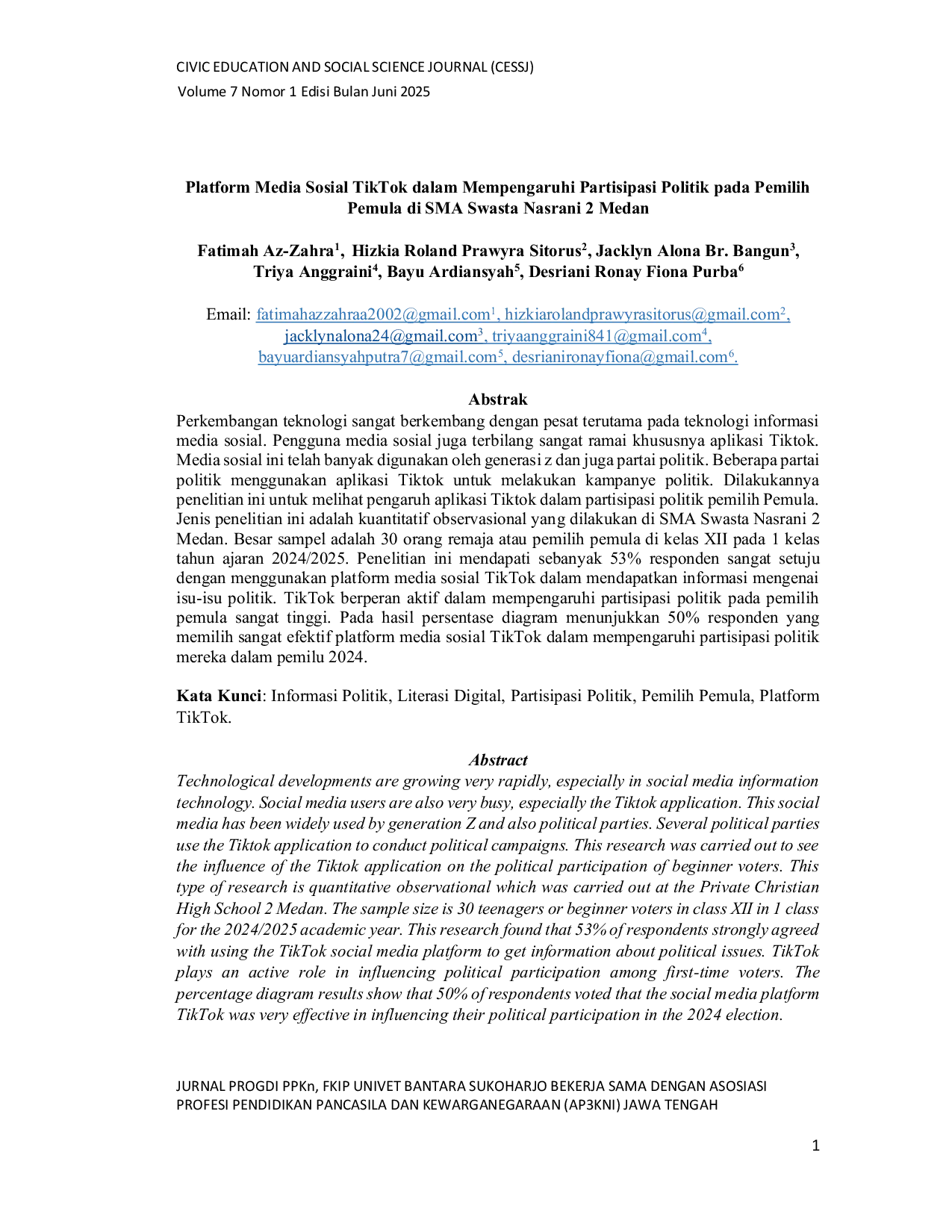 JURIS Platform Media Sosial TikTok dalam Mempengaruhi Partisipasi Politik pada Pemilih Pemula di SMA Swasta Nasrani 2 Medan