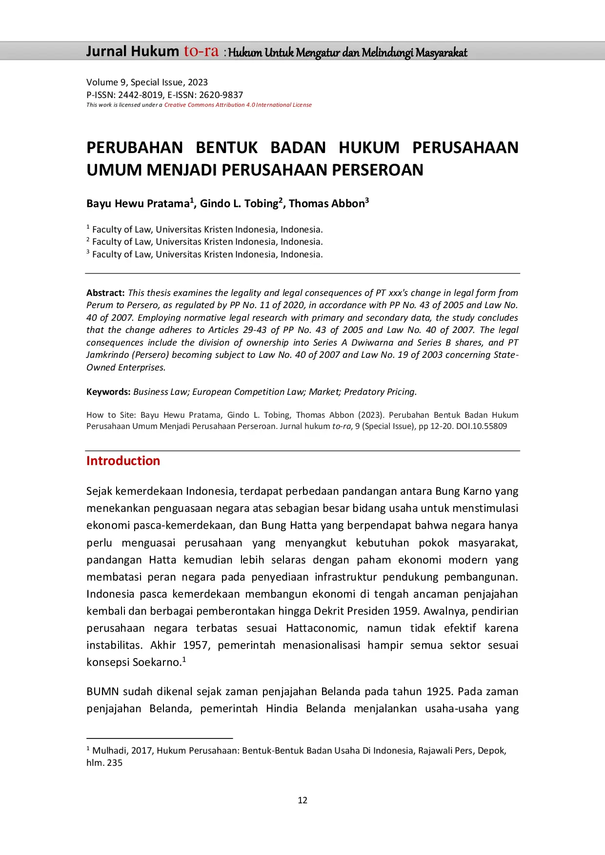 JURIS Perubahan Bentuk Badan Hukum Perusahaan Umum Menjadi Perusahaan Perseroan