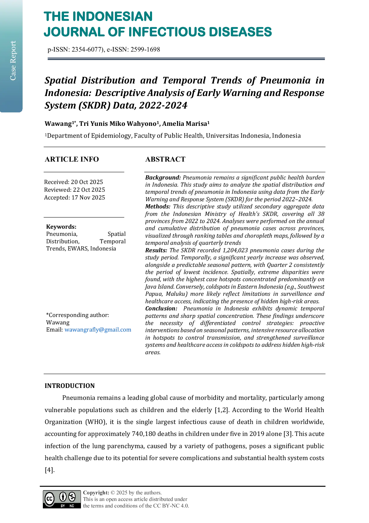 JURIS Spatial Distribution and Temporal Trends of Pneumonia in Indonesia Descriptive Analysis of Early Warning and Response System SKDR Data 2022 2024