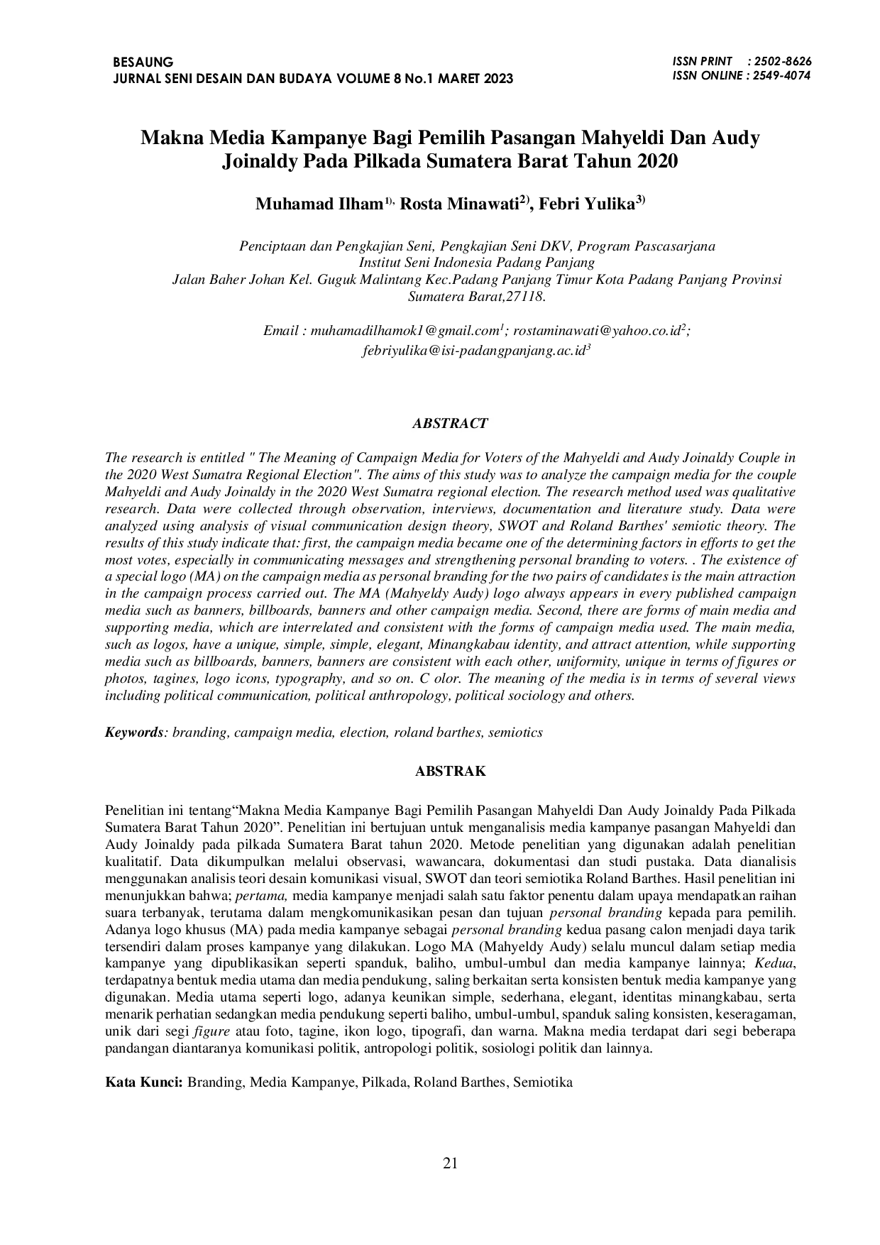 JURIS Makna Media Kampanye Bagi Pemilih Pasangan Mahyeldi Dan Audy Joinaldy Pada Pilkada Sumatera Barat Tahun 2020
