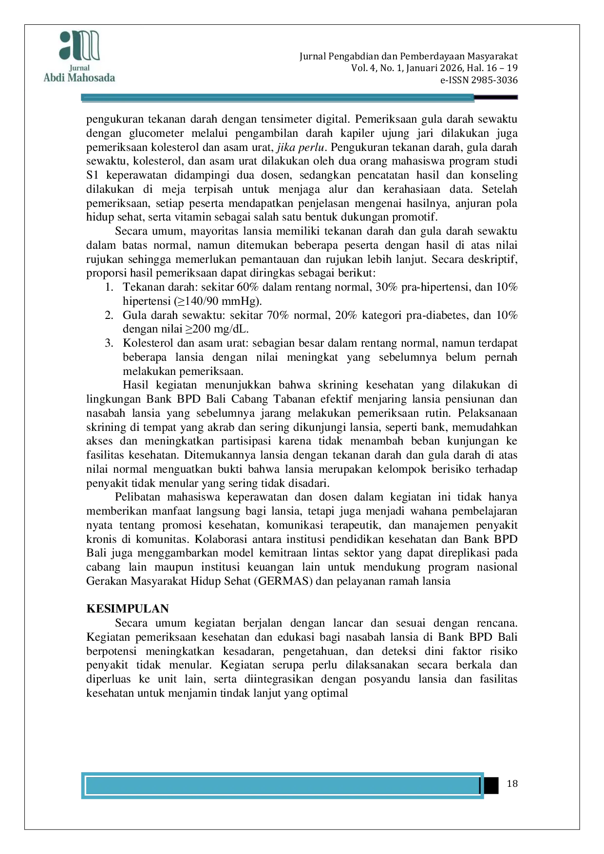 JURIS Optimalisasi Kualitas Hidup Lansia Melalui Skrining Kesehatan di Bank BPD Bali Cabang Tabanan