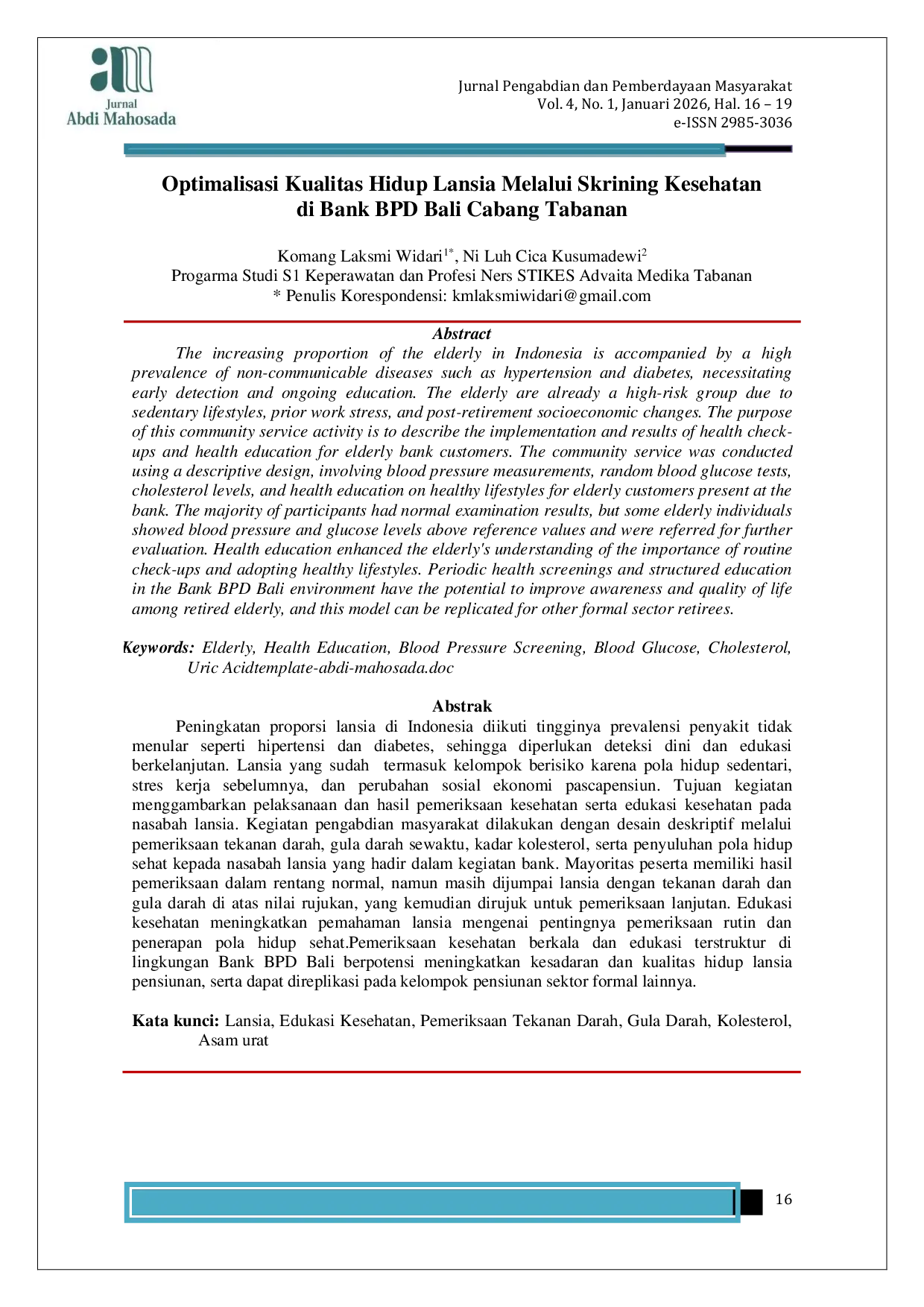 JURIS Optimalisasi Kualitas Hidup Lansia Melalui Skrining Kesehatan di Bank BPD Bali Cabang Tabanan