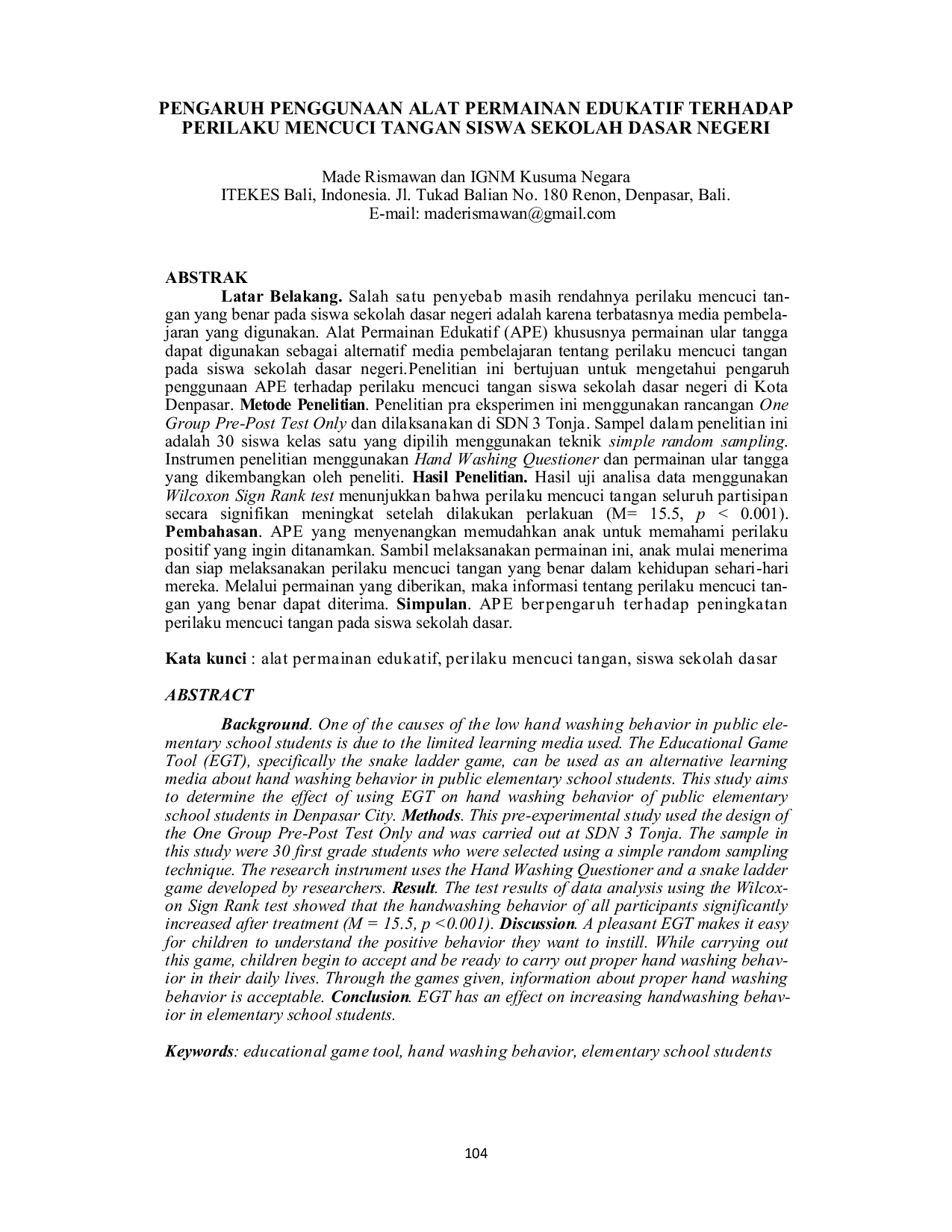 JURIS Pengaruh Penggunaan Alat Permainan Edukatif terhadap Perilaku Mencuci Tangan Siswa Sekolah Dasar Negeri