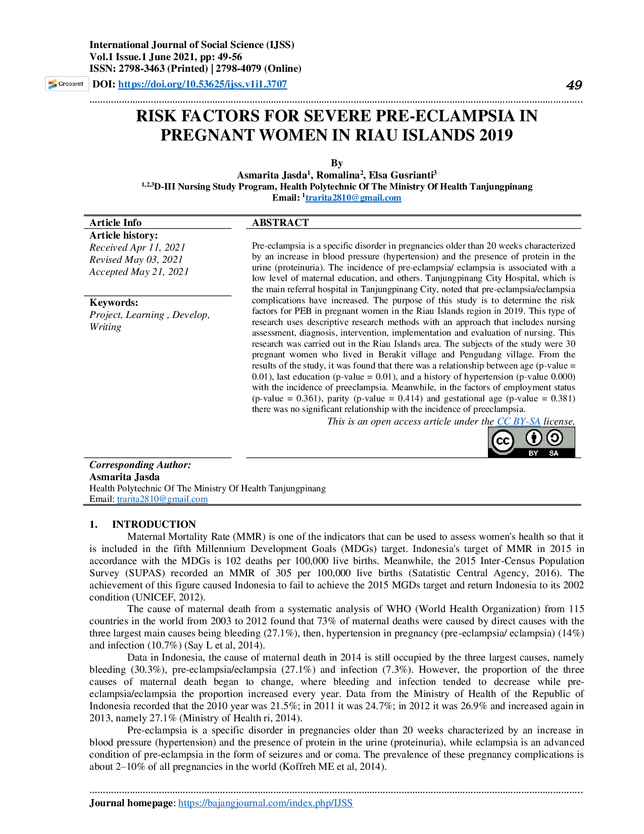 JURIS Risk Factors For Severe Pre Eclampsia In Pregnant Women In Riau Islands 2019