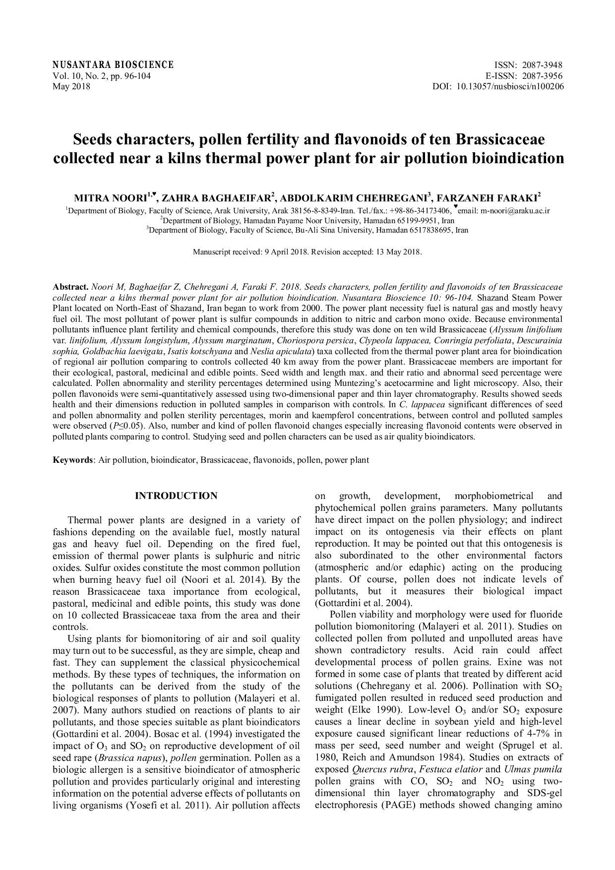 JURIS Seeds characters pollen fertility and flavonoids of ten Brassicaceae collected near a kilns thermal power plant for air pollution bioindication