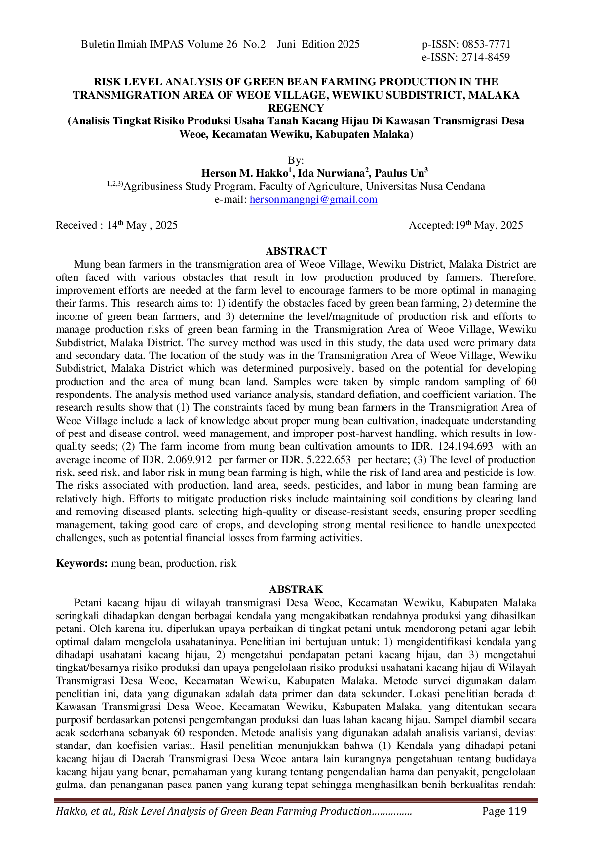 JURIS Risk Level Analysis Of Green Bean Farming Production In The Transmigration Area Of Weoe Village Wewiku Subdistrict Malaka Regency