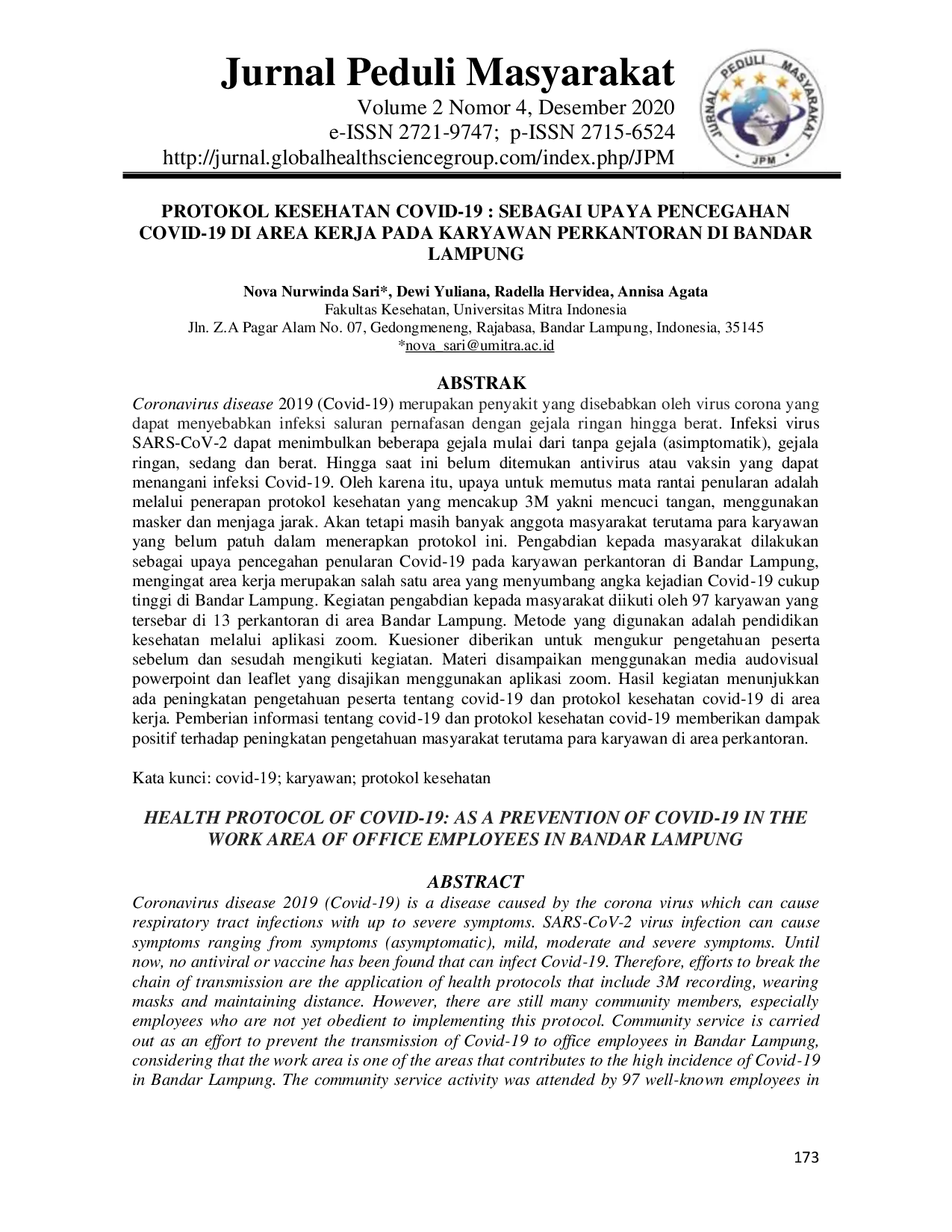 JURIS Health Protocol of Covid 19 as A Prevention of Covid 19 in the Work Area of Office Employees in Bandar Lampung