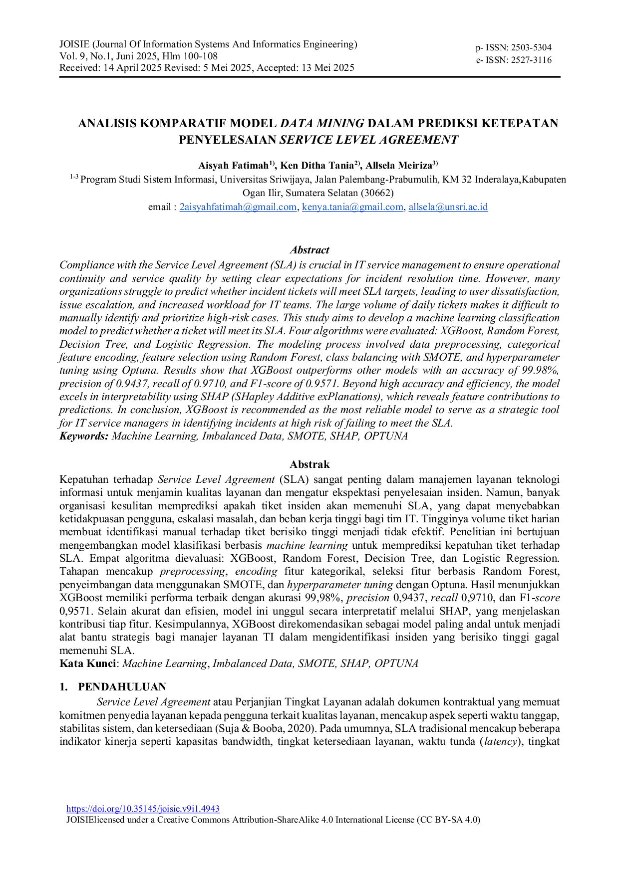 JURIS Analisis Komparatif Model Data Mining Dalam Prediksi Ketepatan Penyelesaian Service Level Agreement