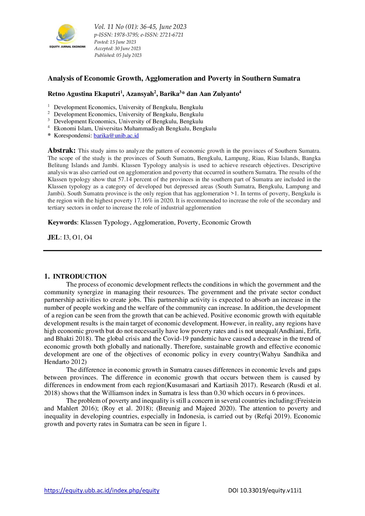 JURIS Analysis of Economic Growth Agglomeration and Poverty in Southern Sumatera