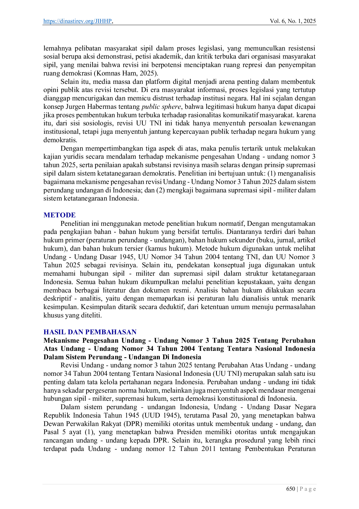 JURIS Tinjauan Yuridis Pengesahan Undang Undang UU Nomor 3 Tahun 2025 Tentang Perubahan Atas Undang Undang Nomor 34 Tahun 2004 Tentang Tentara Nasional Indonesia