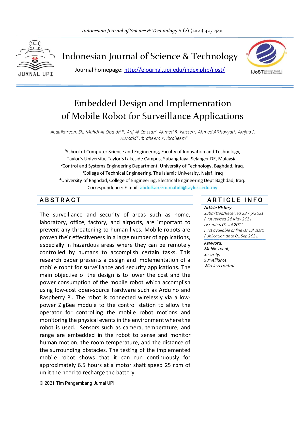 juris Embedded Design and Implementation of Mobile Robot for Surveillance Applications