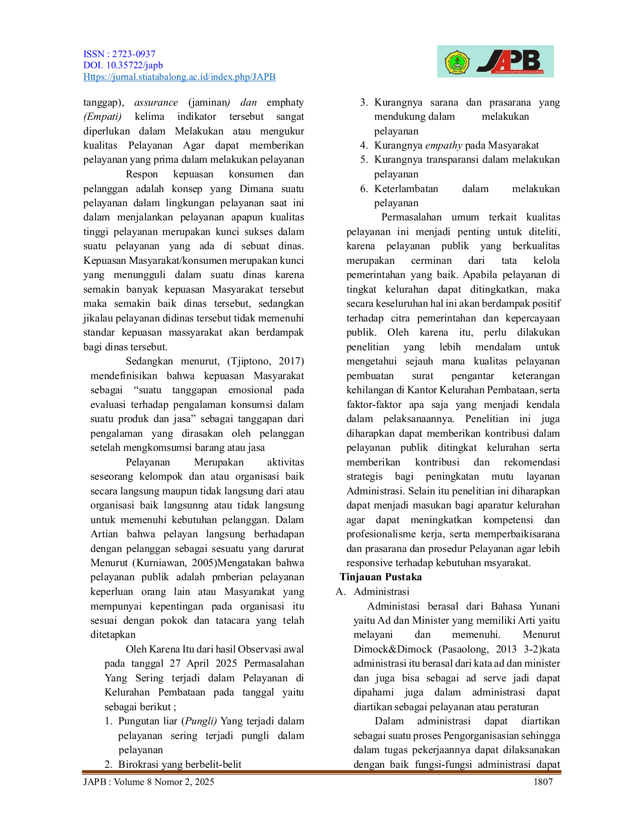 JURIS Kualitas Pelayanan dalam Pembuatan Surat Pengantar Kehilangan di Kantor Kelurahan Pembataan Kecamatan Murung Pudak Kabupaten Tabalong