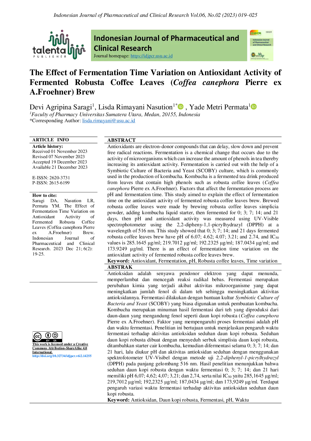 JURIS The Effect of Fermentation Time Variation on Antioxidant Activity of Fermented Robusta Coffee Leaves Coffea canephora Pierre ex A Froehner Brew