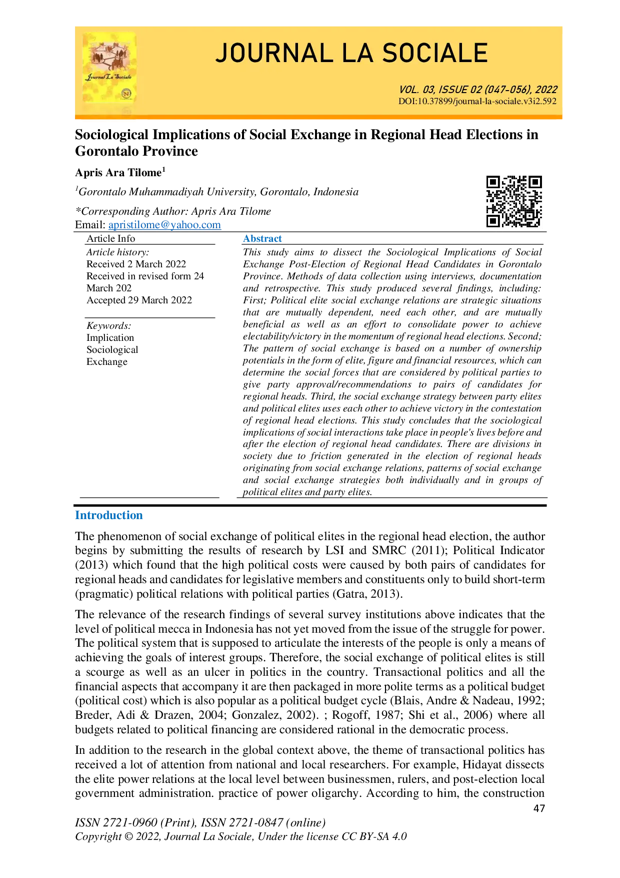 juris Sociological Implications of Social Exchange in Regional Head Elections in Gorontalo Province