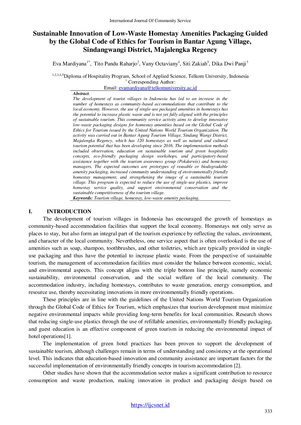 JURIS Sustainable Innovation Of Low Waste Homestay Amenities Packaging Guided By The Global Code Of Ethics For Tourism In Bantar Agung Village Sindangwangi District Majalengka Regency