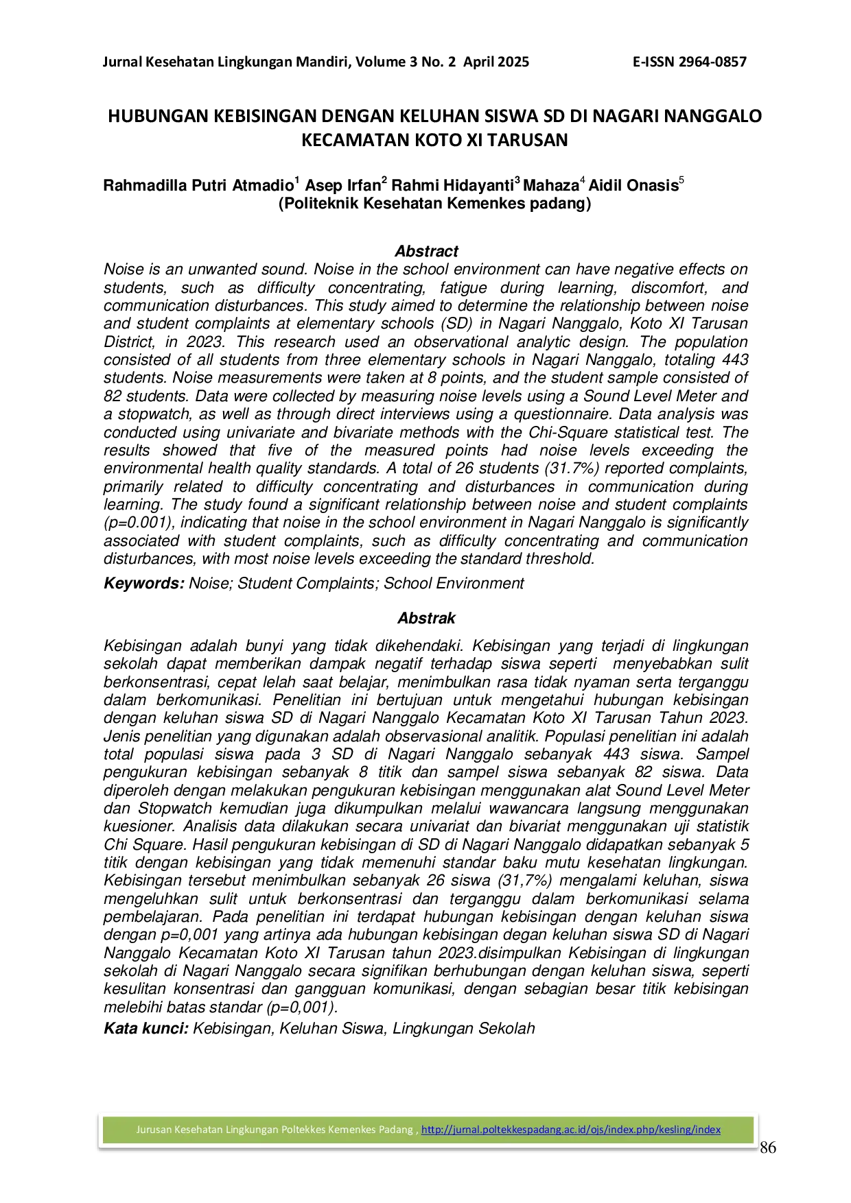 JURIS Hubungan Kebisingan dengan Keluhan Siswa SD di Nagari Nanggalo Kecamatan Koto XI Tarusan