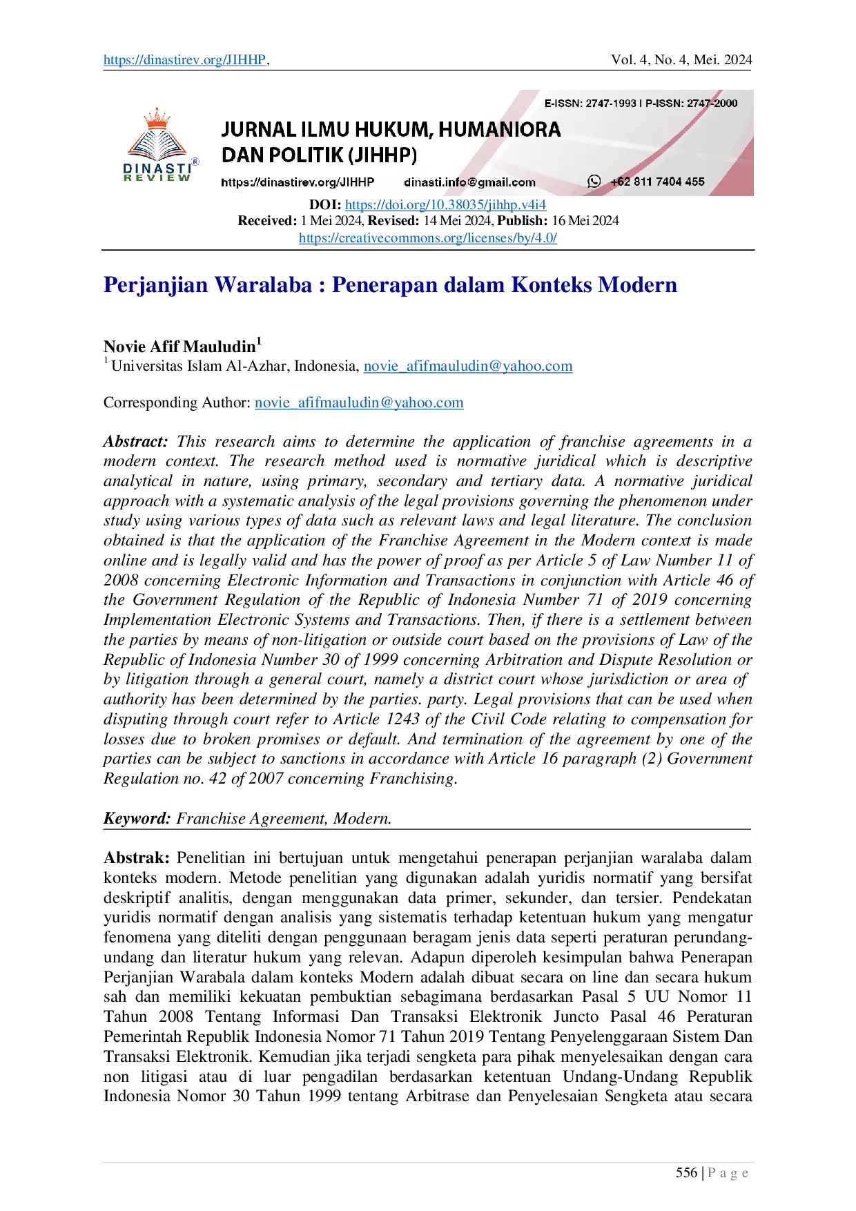 JURIS Perjanjian Waralaba Penerapan dalam Konteks Modern