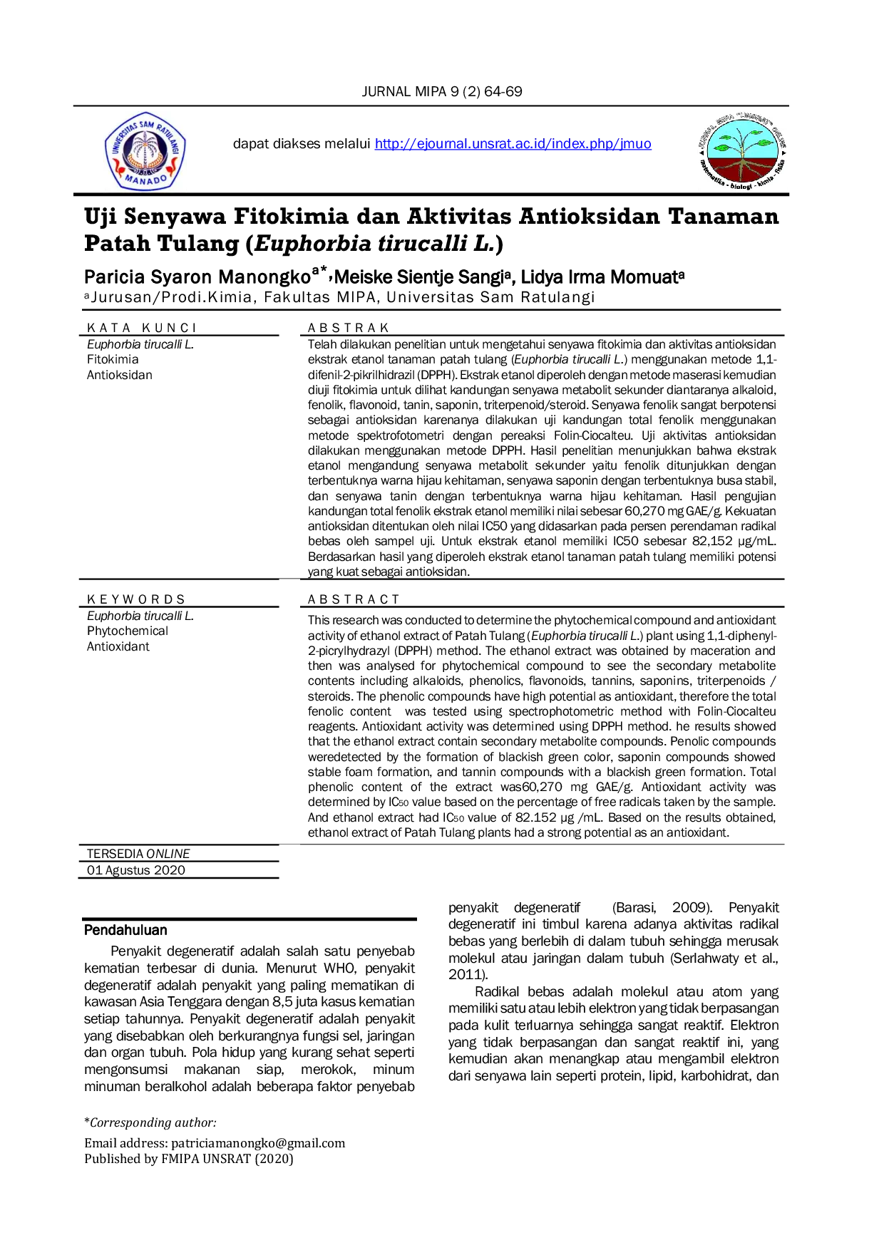 JURIS Uji Senyawa Fitokimia dan Aktivitas Antioksidan Tanaman Patah Tulang Euphorbia tirucalli L