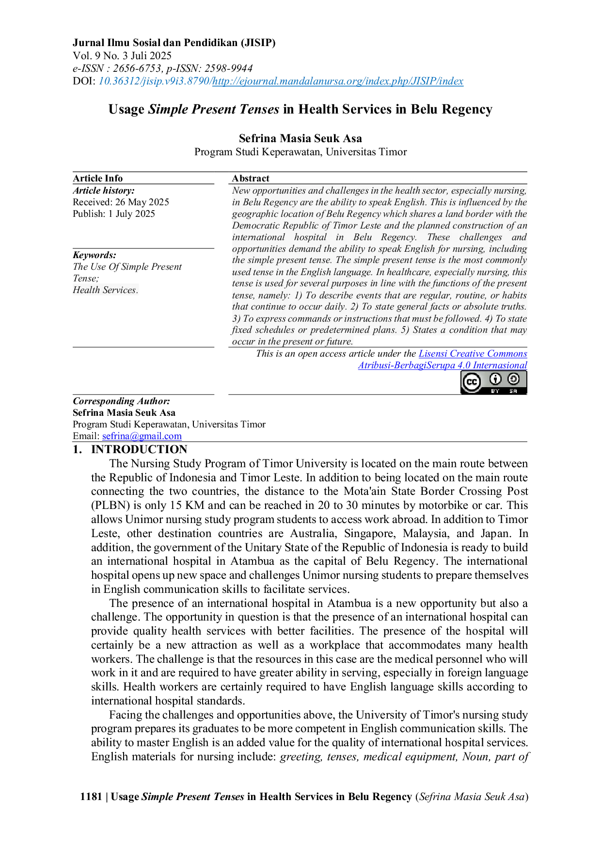 JURIS Usage Simple Present Tenses in Health Services in Belu Regency