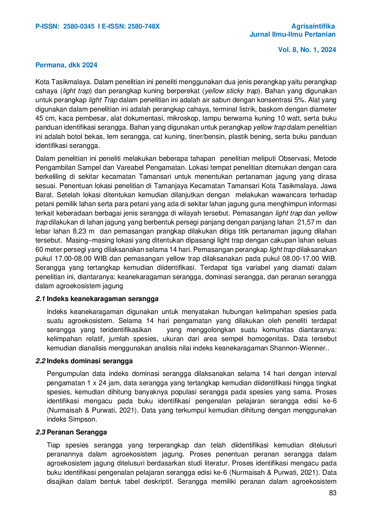 JURIS IDENTIFIKASI KEANEKARAGAMAN SERANGGA TANAMAN JAGUNG Zea mays L DI KECAMATAN TAMANSARI KOTA TASIKMALAYA