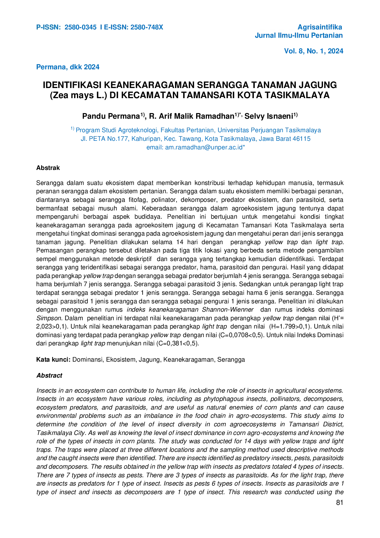 JURIS IDENTIFIKASI KEANEKARAGAMAN SERANGGA TANAMAN JAGUNG Zea mays L DI KECAMATAN TAMANSARI KOTA TASIKMALAYA