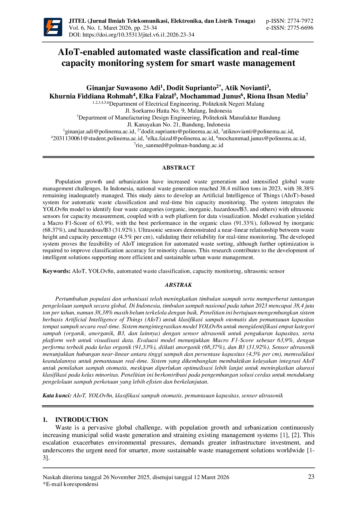 JURIS AIoT enabled automated waste classification and real time capacity monitoring system for smart waste management