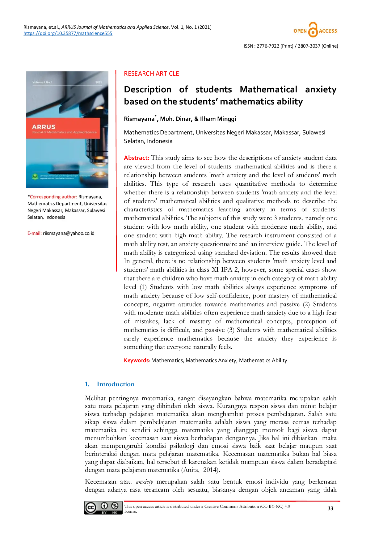 JURIS Description of students Mathematical anxiety based on the students mathematics ability
