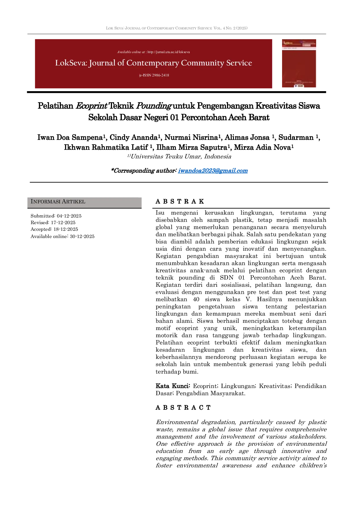 JURIS Pelatihan Ecoprint Teknik Pounding untuk Pengembangan Kreativitas Siswa Sekolah Dasar Negeri 01 Percontohan Aceh Barat