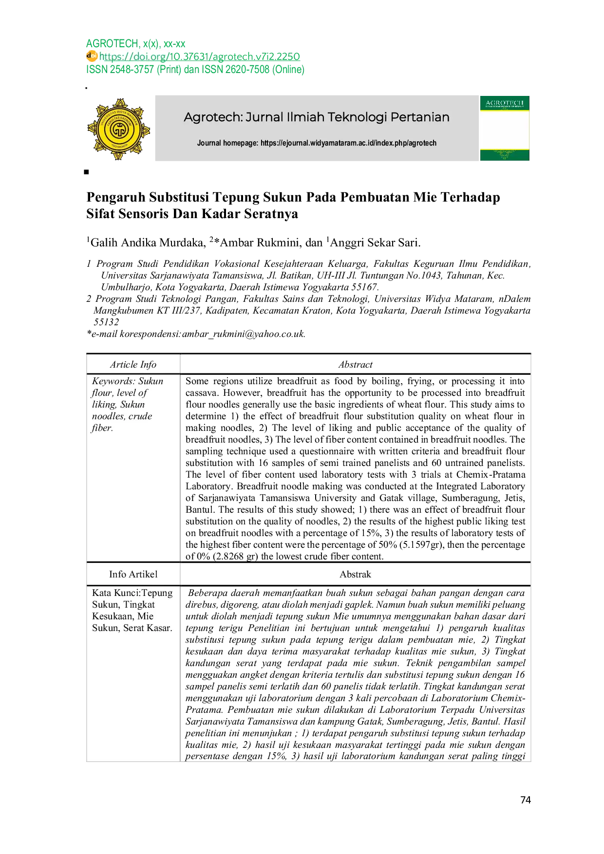 JURIS Pengaruh Substitusi Tepung Sukun Pada Pembuatan Mie Terhadap Sifat Sensoris Dan Kadar Seratnya