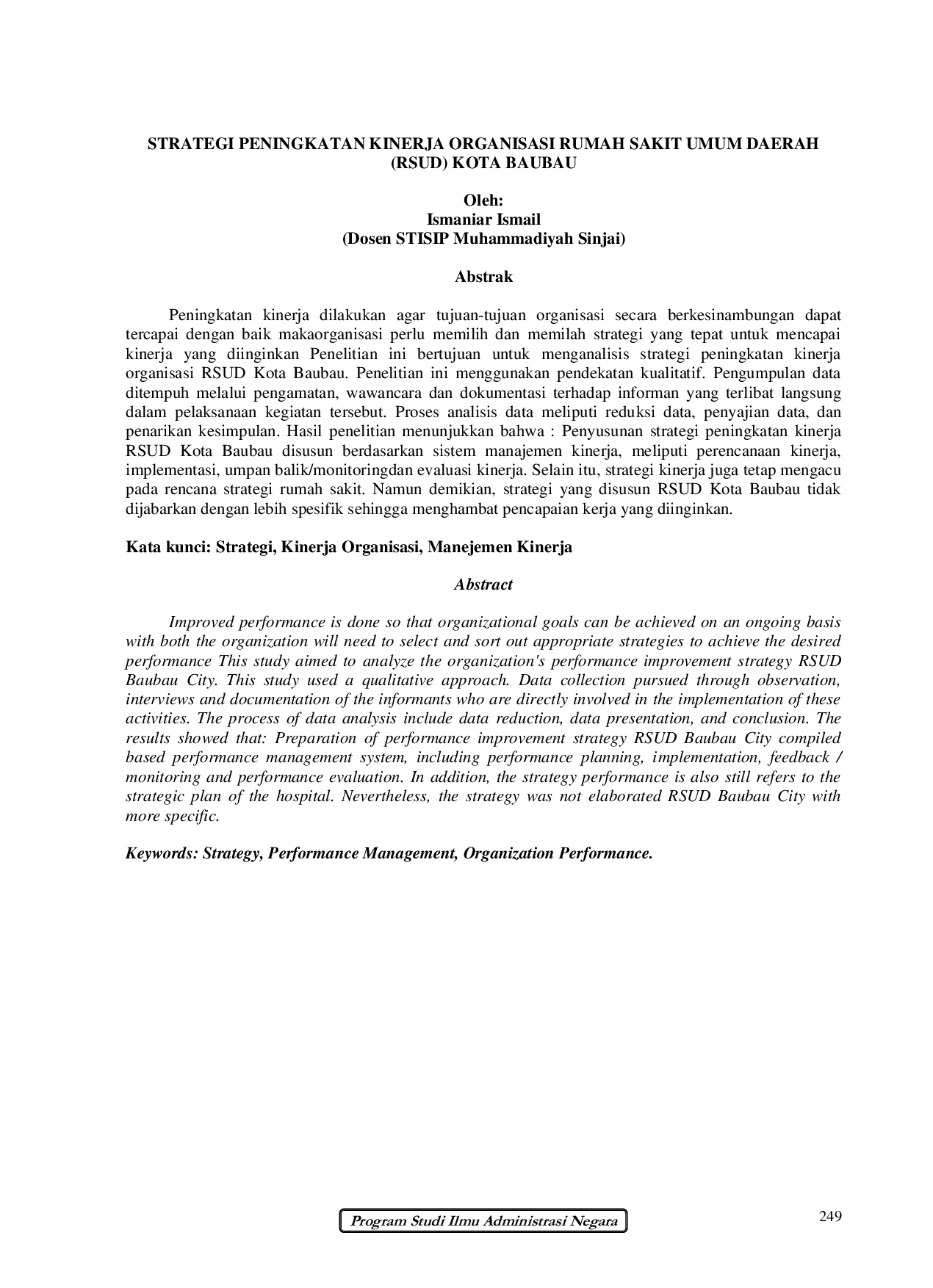 JURIS Strategi Peningkatan Kinerja Organisasi Rumah Sakit Umum Daerah RSUD Kota Baubau