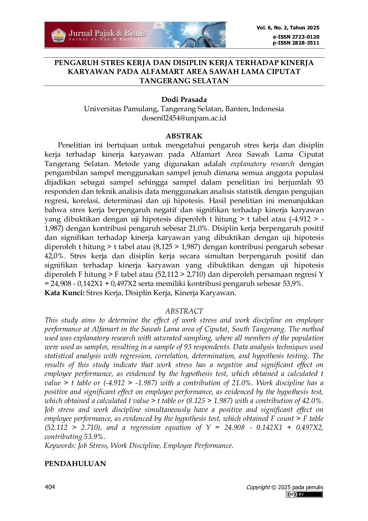 JURIS Pengaruh Stres Kerja Dan Disiplin Kerja Terhadap Kinerja Karyawan Pada Alfamart Area Sawah Lama Ciputat Tangerang Selatan