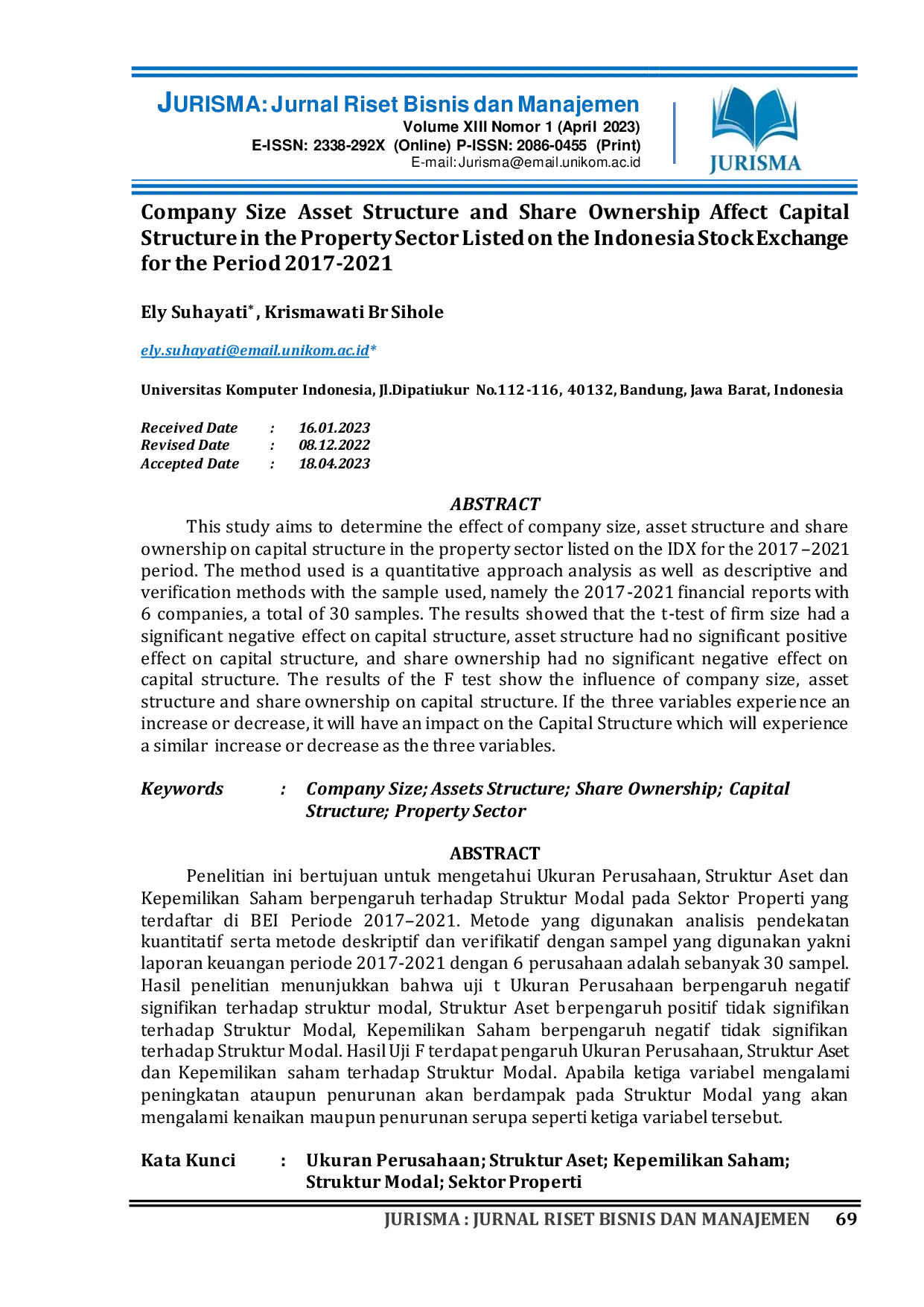 JURIS Company Size Asset Structure and Share Ownership Affect Capital Structure in the Property Sector Listed on the Indonesia Stock Exchange for the Period 2017 2021