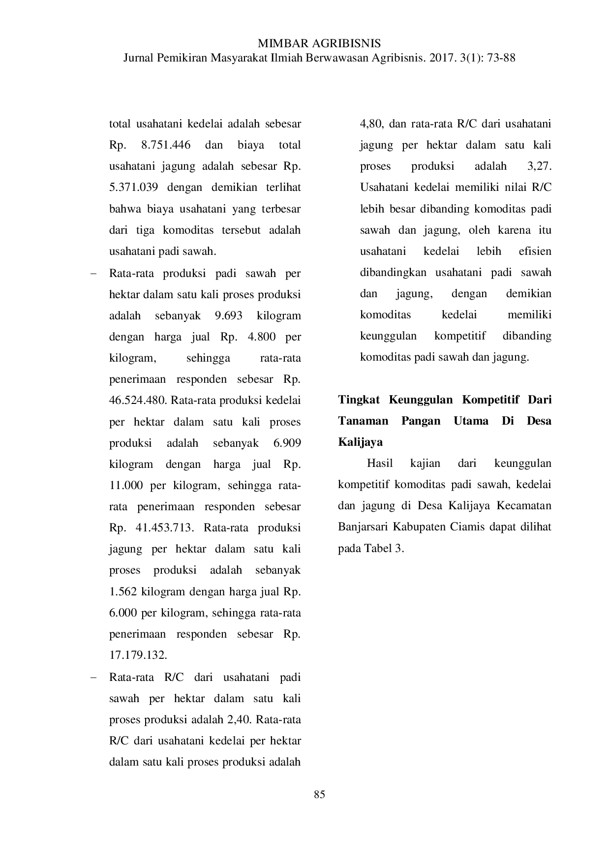 juris Analisis Keunggulan Kompetitif Beberapa Tanaman Pangan Utama Di Kabupaten Ciamis