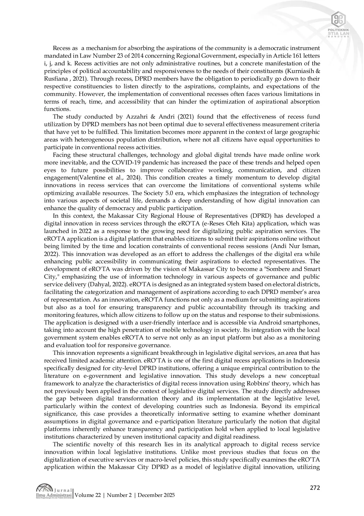 JURIS Recess Service Innovation Through The Ero ta Application Characteristics Implementation and Constraints in the Makassar City DPRD