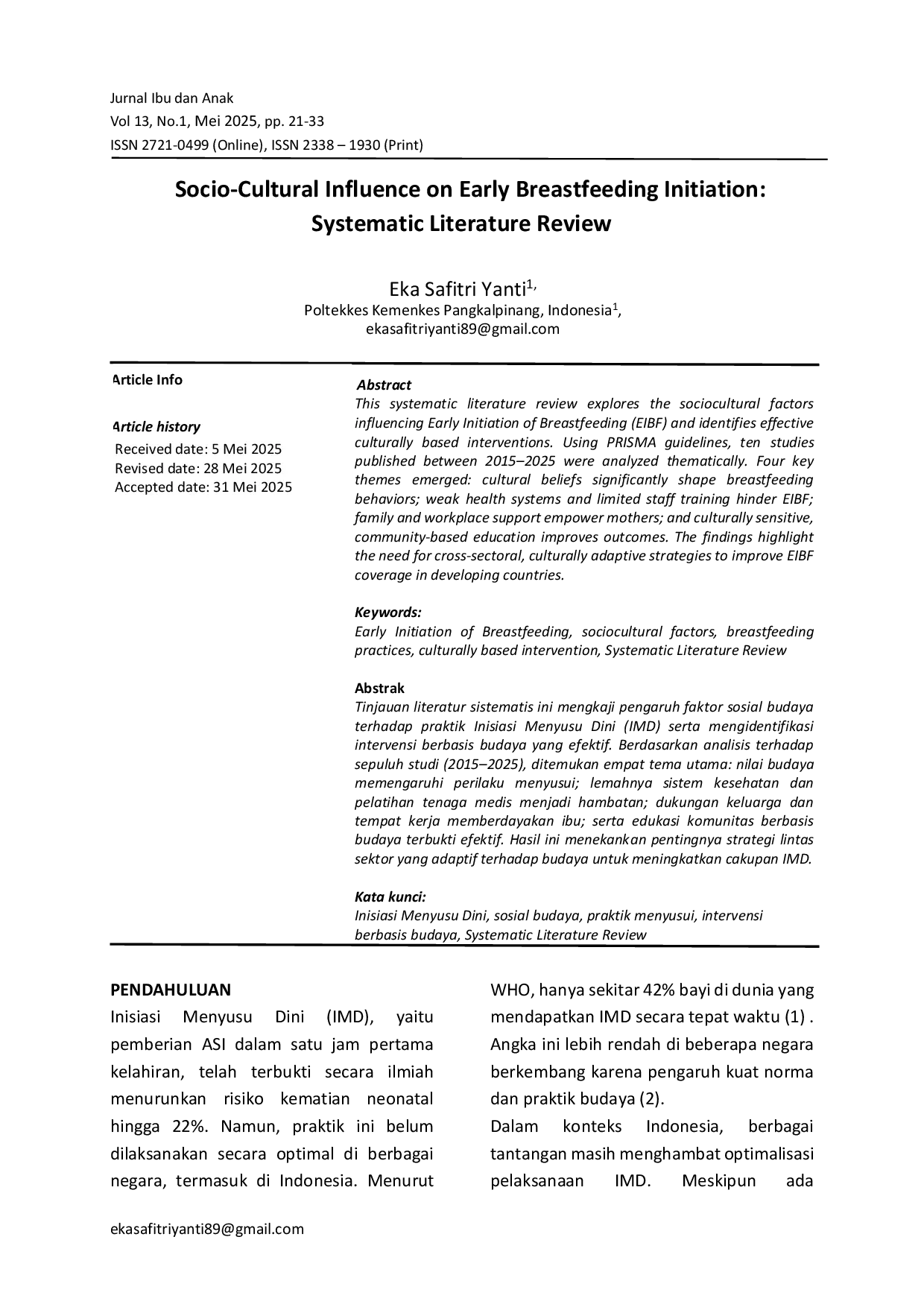 JURIS Socio Cultural Influence on Early Breastfeeding Initiation Systematic Literature Review