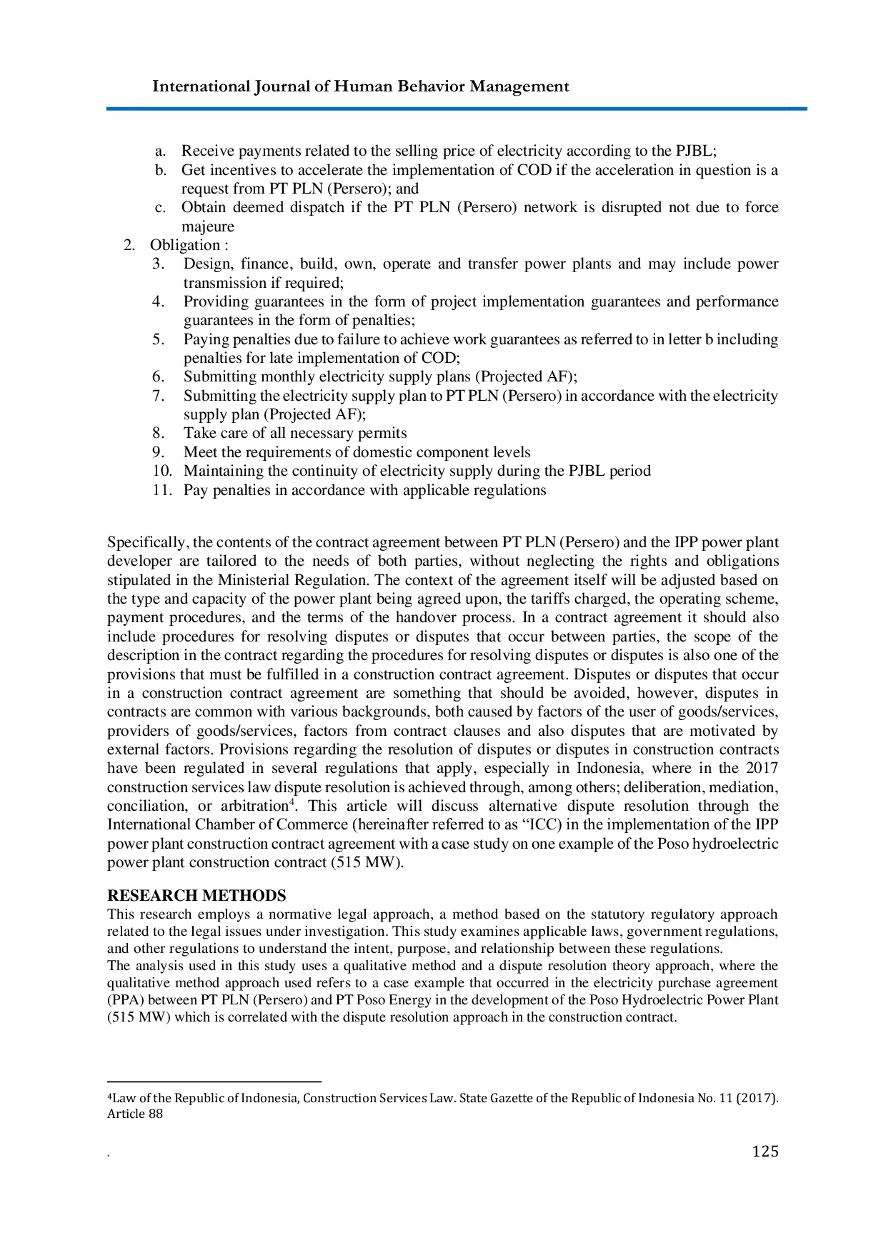 JURIS International Chambers of Commerce as an Alternative Institution for Resolving Contractual Disputes Generator Independent Power Produce
