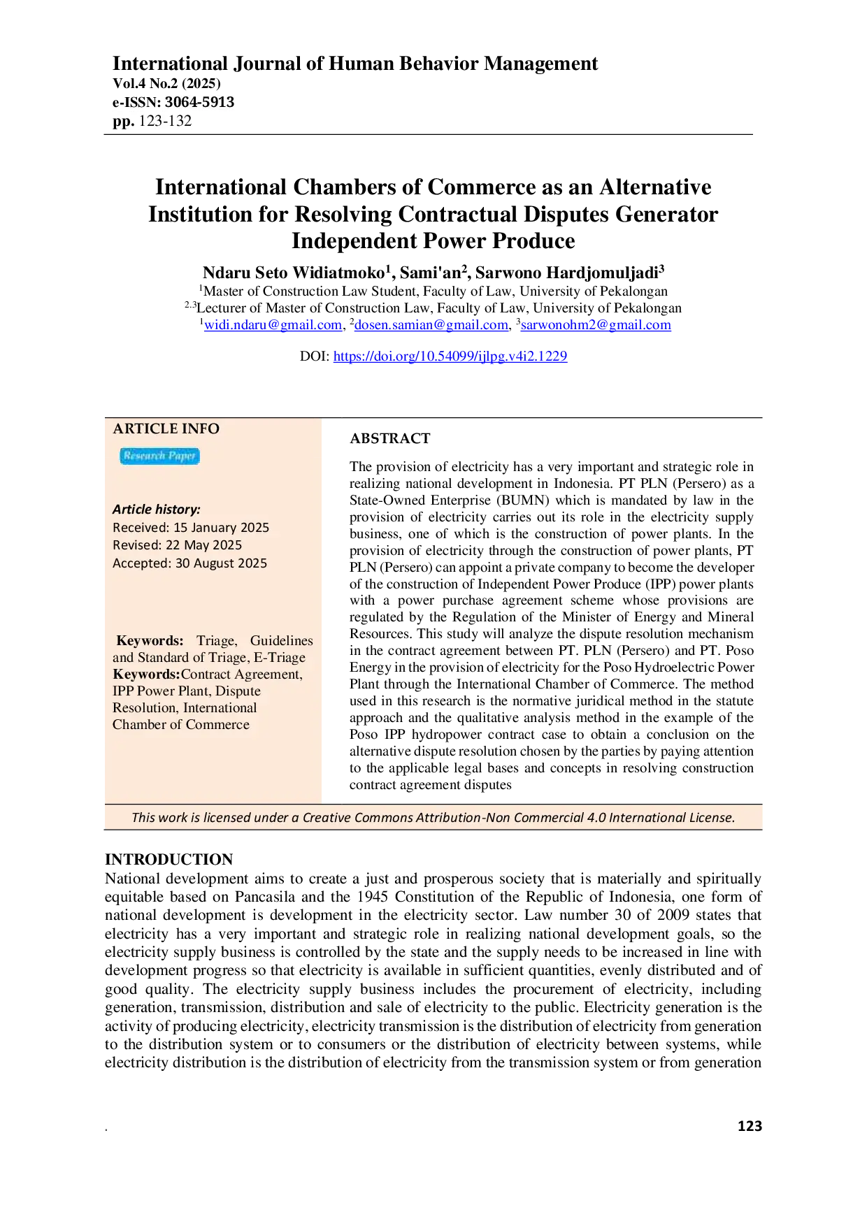 JURIS International Chambers of Commerce as an Alternative Institution for Resolving Contractual Disputes Generator Independent Power Produce
